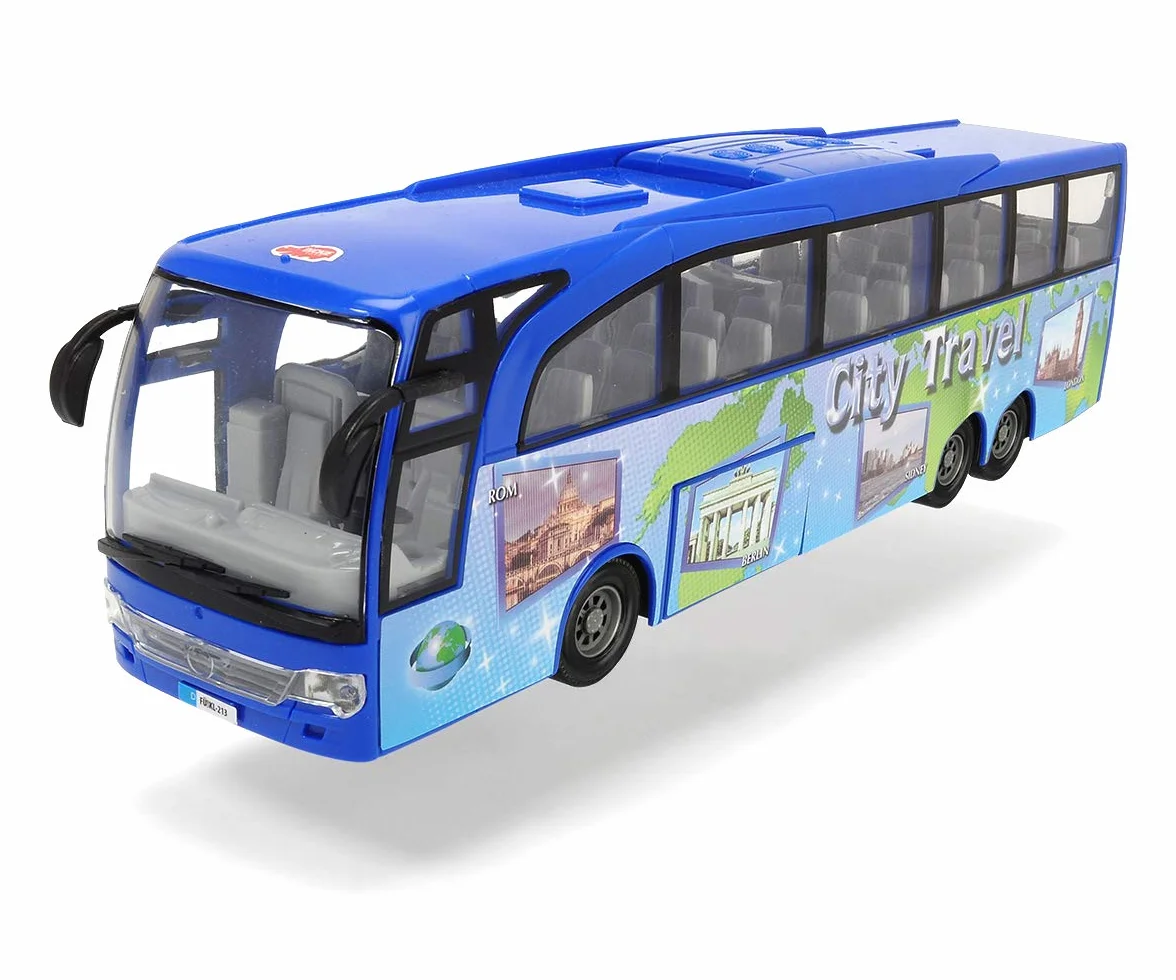 Dickie Toys 203745005 Autobus turystyczny, zabawkowy autokar z tarciem, drzwi otwierane, 2 wersje kolorystyczne, wybór koloru losowy czerwony lub niebieski, dla dzieci od 3 lat, 30 cm