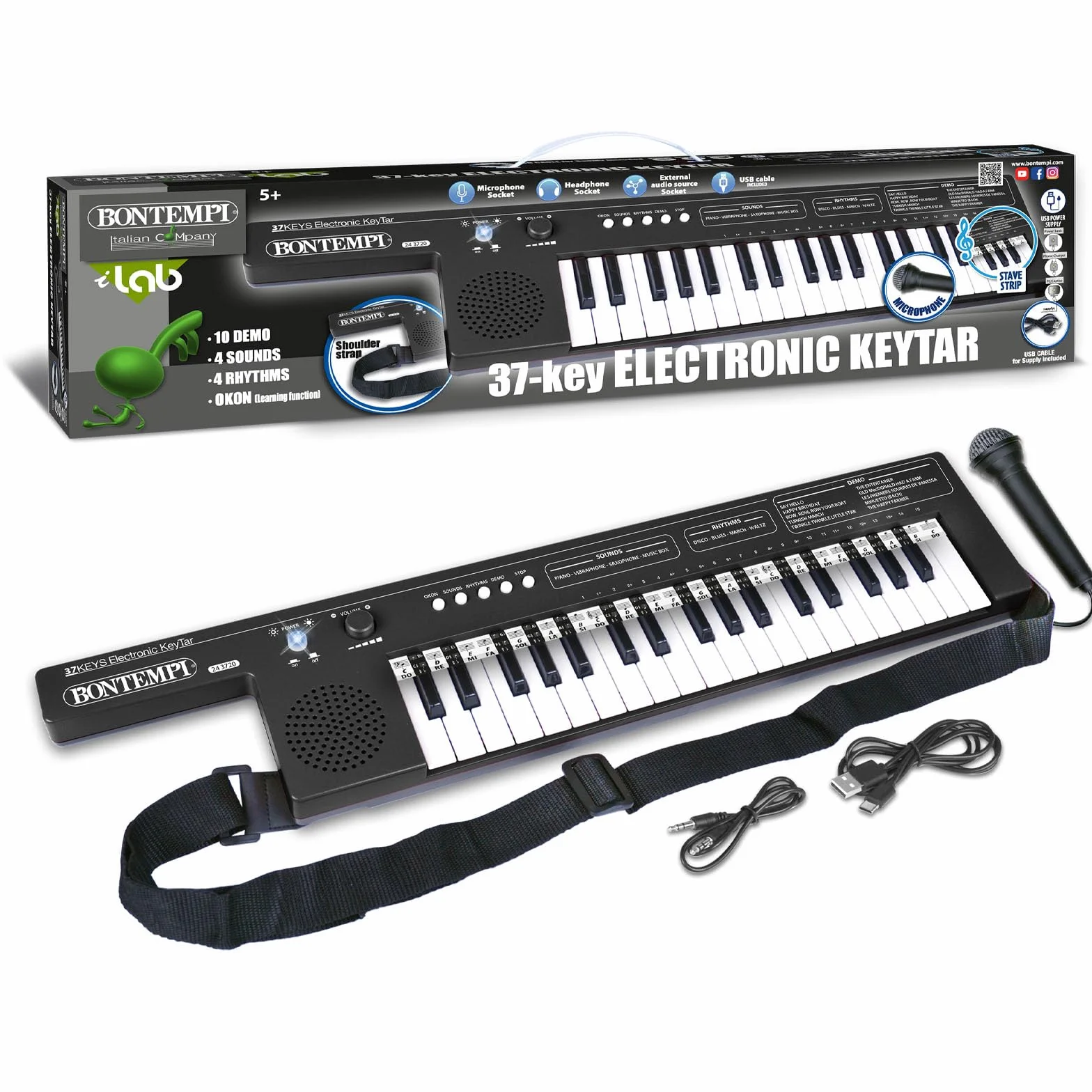 Bontempi | KeyRhythm - Keytar 37 klawiszy z paskiem na ramię i akumulator do wolności muzyki bez ograniczeń