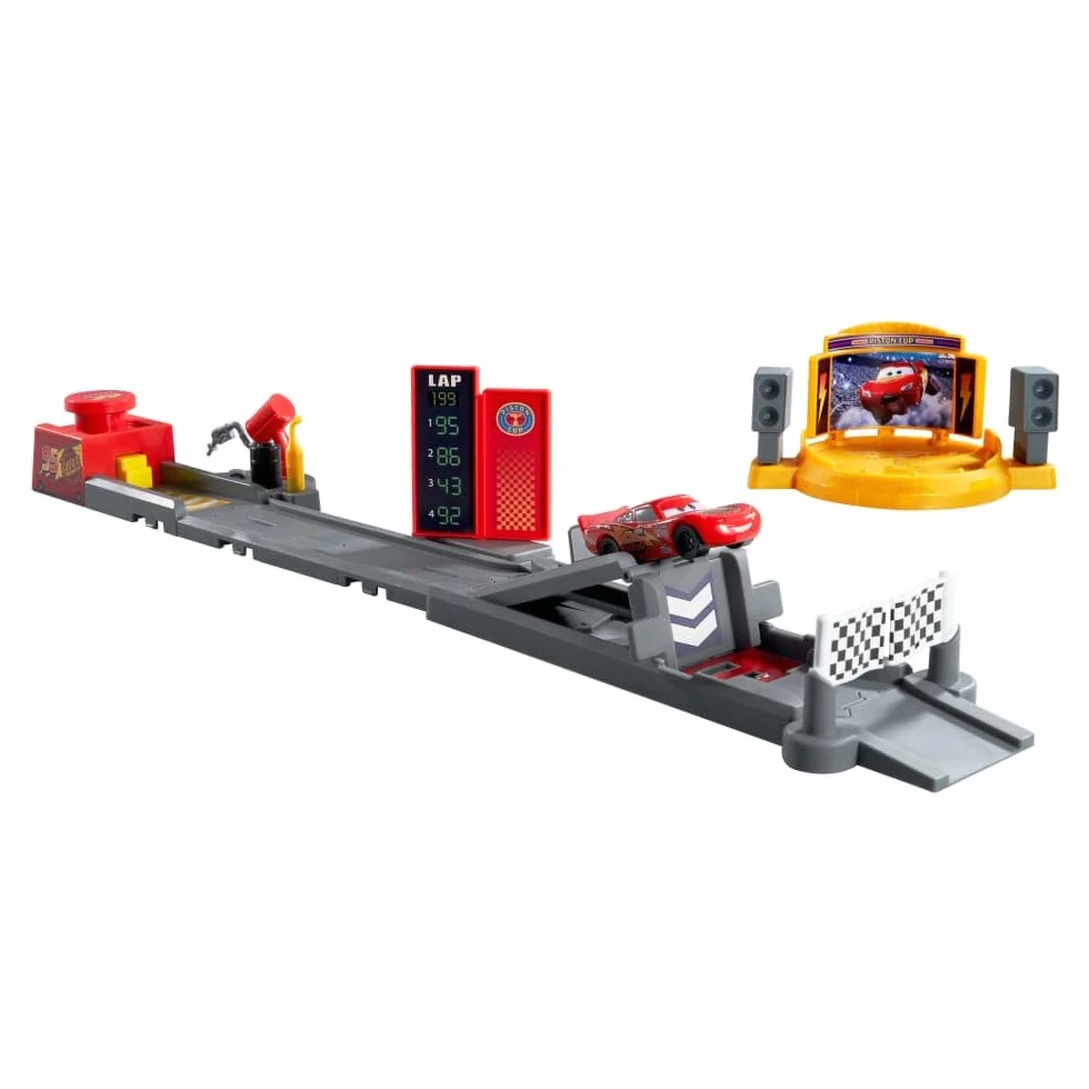 Disney Pixar Cars Auta Skok po Złoty Tłok Zestaw dla dzieci (ok. 50 cm długości) + samochód zabawka Zygzak McQueen i 2 sposoby zabawy, JDJ02
