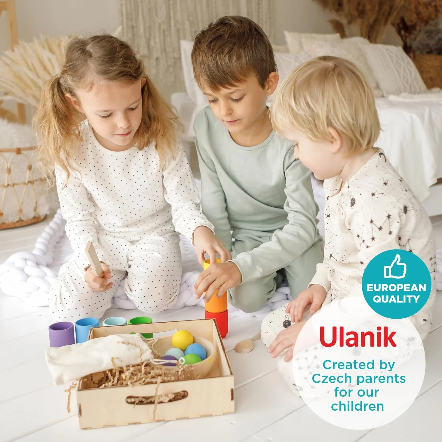 Ulanik Kulki w Kubeczkach Pełny Zestaw Montessori od 1 Roku | Otwarty drewniany zestaw do sortowania; 12 wyraźnych kolorów; tacka i woreczek do przechowywania