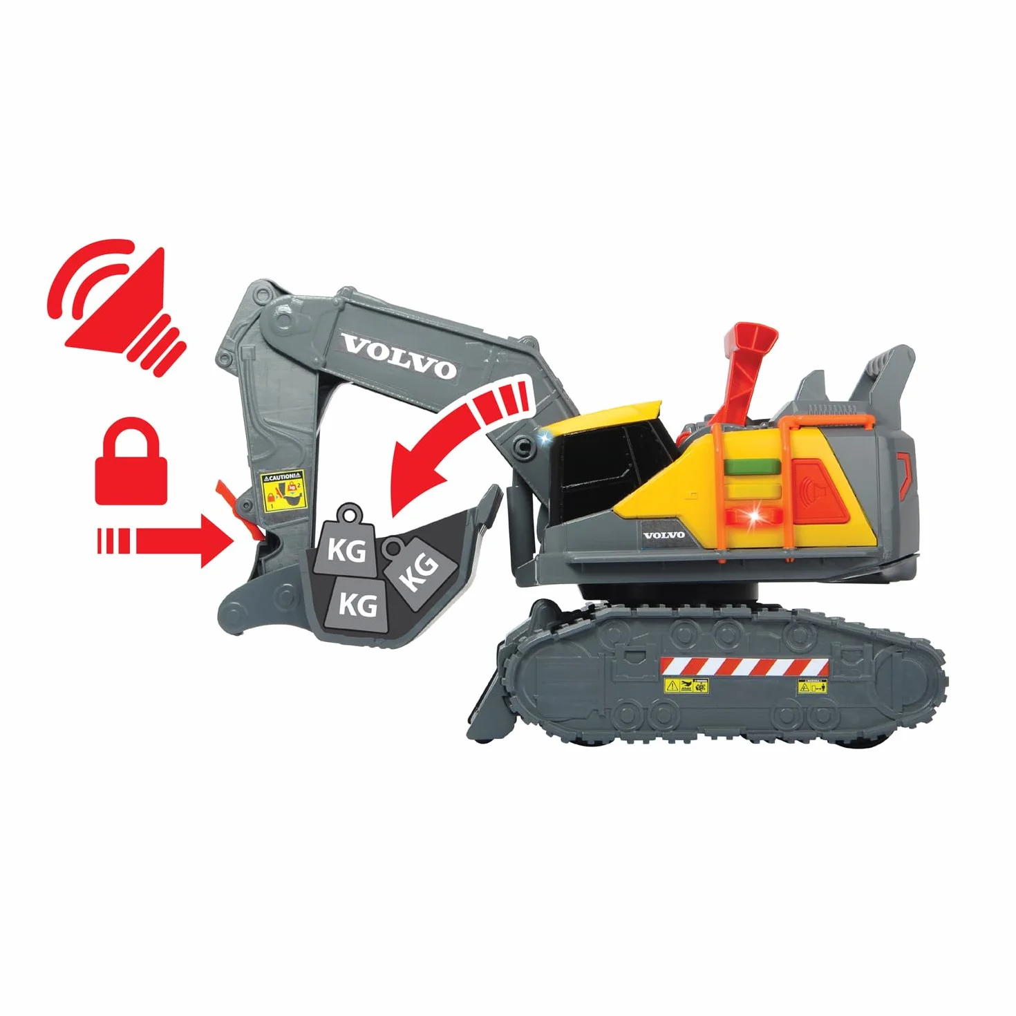 Dickie Toys 203725006 VOLVO Oficjalna licencjonowana Zabawkowa Koparka z wykrywaniem ciężaru, wykrywa 3 różne poziomy ciężaru, światło i dźwięk, 30 cm, do zabawy w piaskownicy dla dzieci od 3 lat