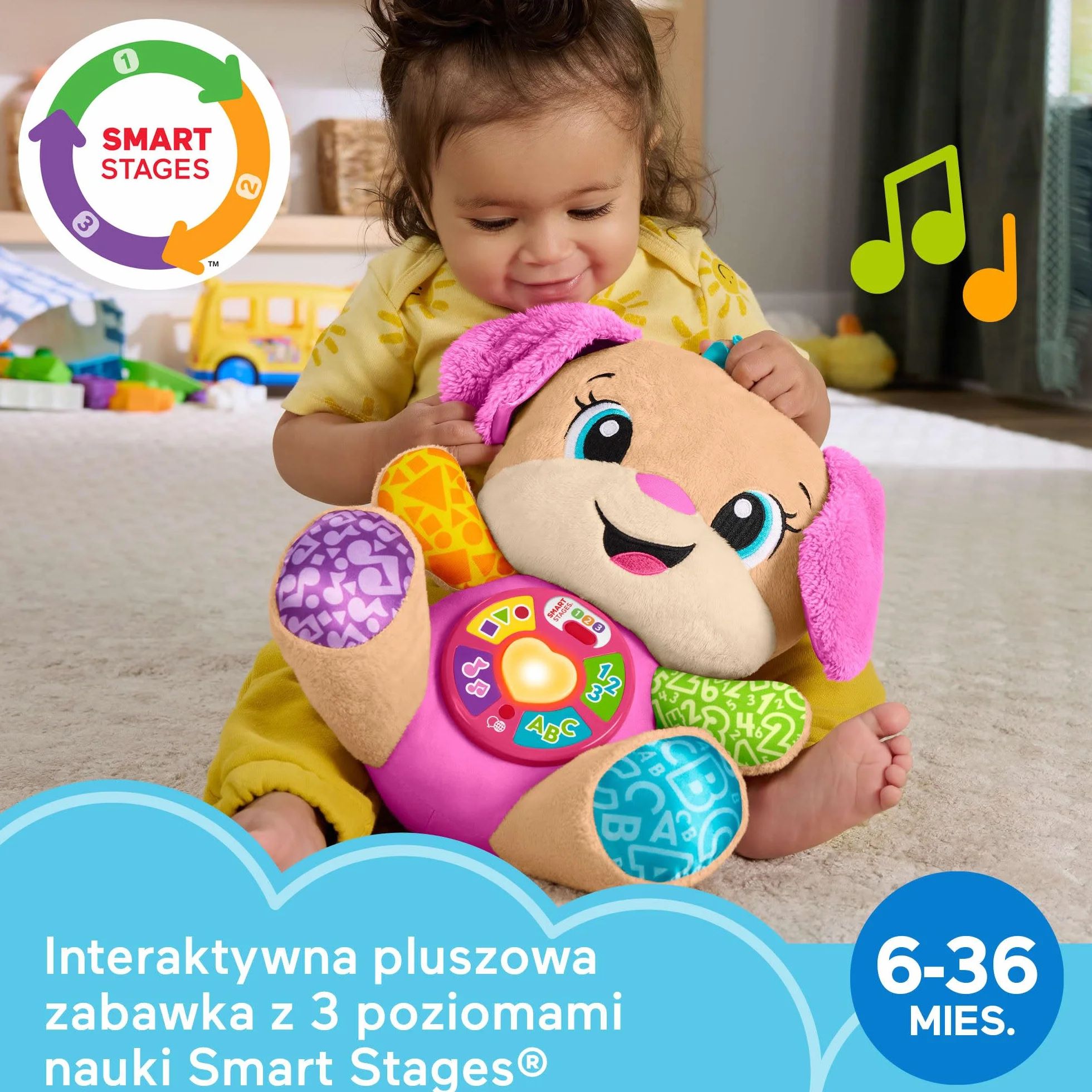 Fisher-Price „Ucz się i śmiej!” Siostrzyczka Szczeniaczka Uczniaczka „Poziomy nauki” Edukacyjna interaktywna zabawka, wielojęzykowa: polski; węgierski; czeski; słowacki; angielski, piesek przytulanka