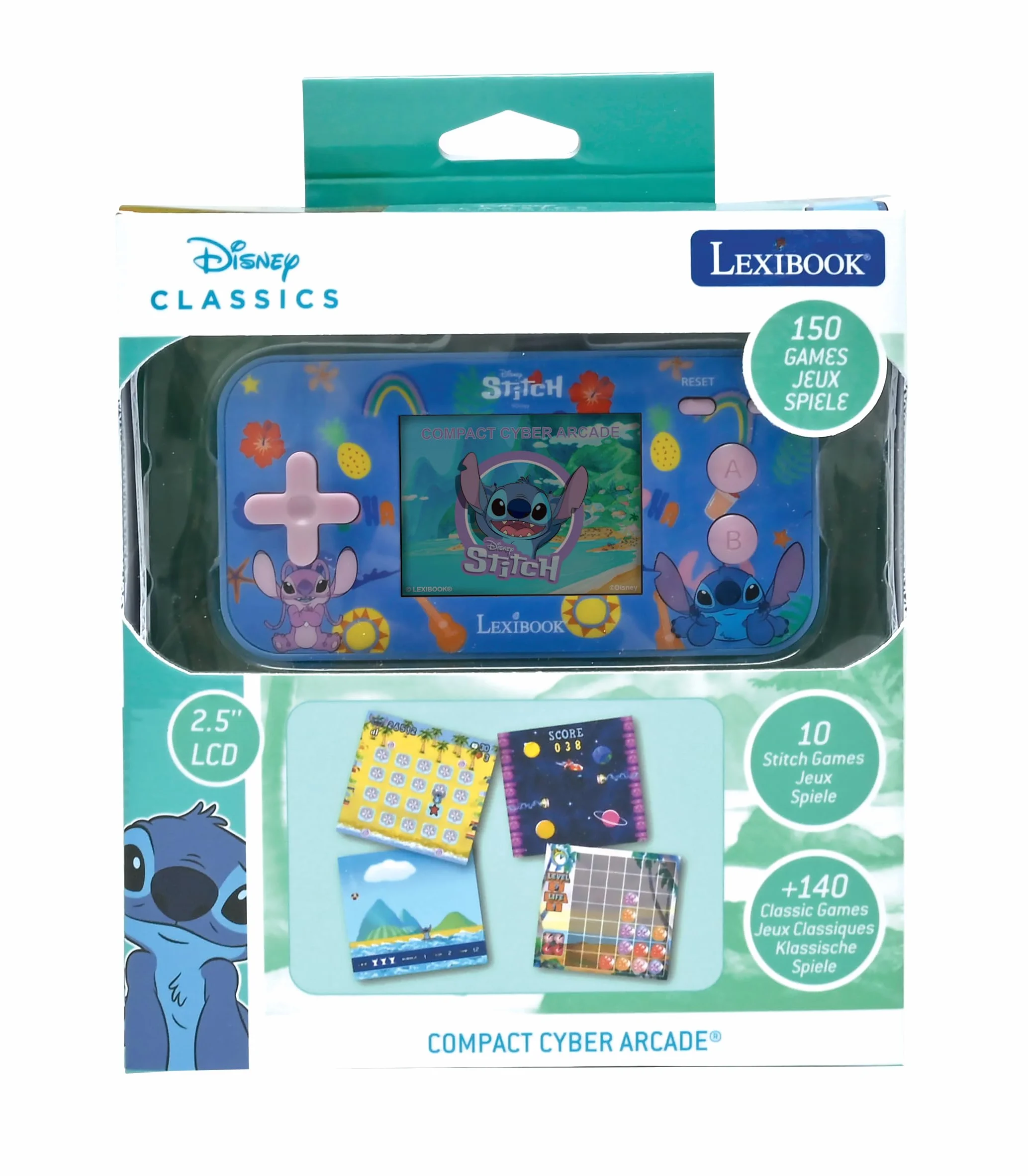 Lexibook, Disney Stitch, Kompaktowa Przenośna Konsola Zręcznościowa, 150 Gier, Kolorowy Ekran LCD, Zasilanie Bateryjne, JL2367D