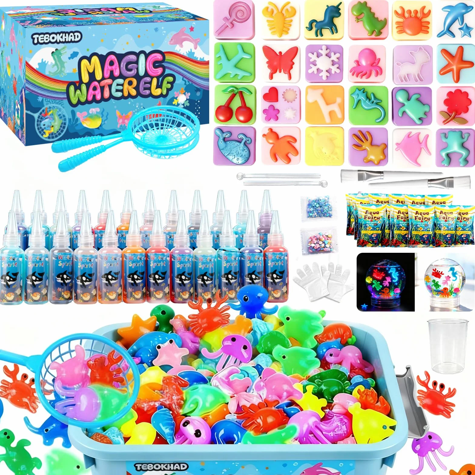 TEBOKHAD Magic Water Elf Toy Kit, 71 sztuk Aqua Gelz DIY zabawka dla dzieci, z 24 kolorowymi żelami, 24 foremkami, kreatywna zabawka i prezent dla dzieci od 3 lat, chłopców i dziewcząt