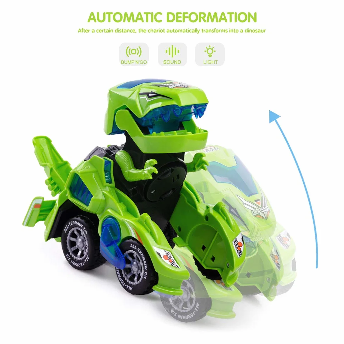 Highttoy Zmieniające się zabawki z dinozaurami dla dzieci 3-7 lat, elektryczny, automatyczny, transformujący się samochód z migającymi światłami i muzyką