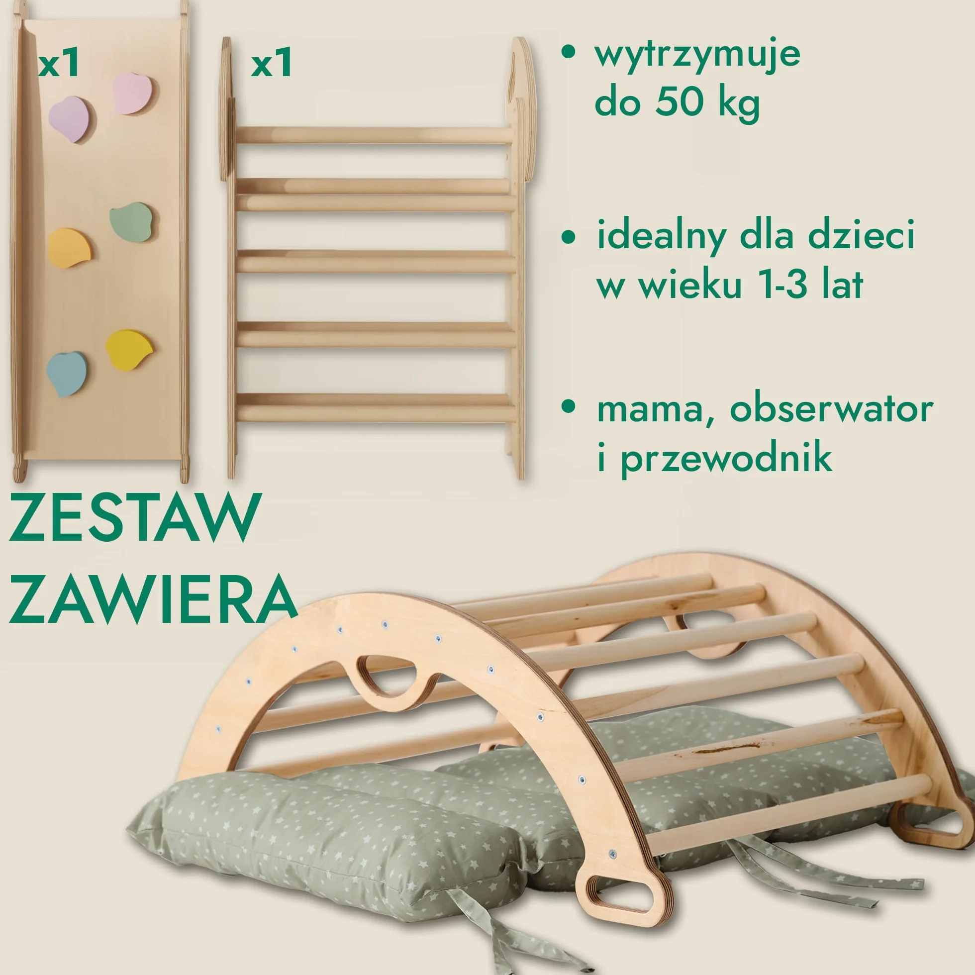 Goodevas Montessori Drewniana rama wspinaczkowa ze zjeżdżalnią – składana trójkątna siłownia do zabawy dla małych dzieci, bezpieczna zabawka dla dzieci w wieku 1-3 lat