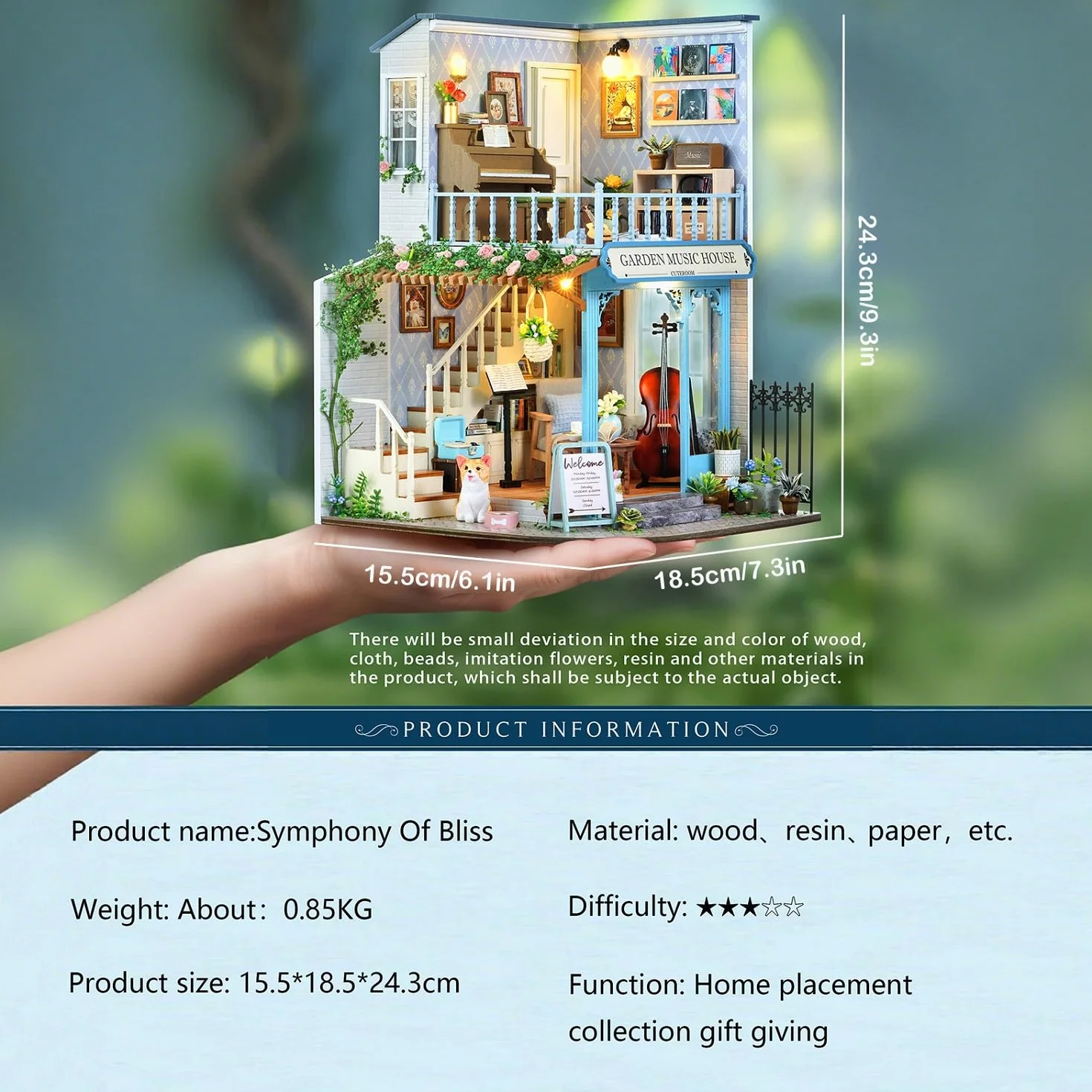 CUTEROOM DIY miniaturowy domek dla lalek - kreatywny drewniany model 3D z oświetleniem LED i ruchem muzycznym - zestaw konstrukcyjny dla dorosłych, wystrój domu - melodia
