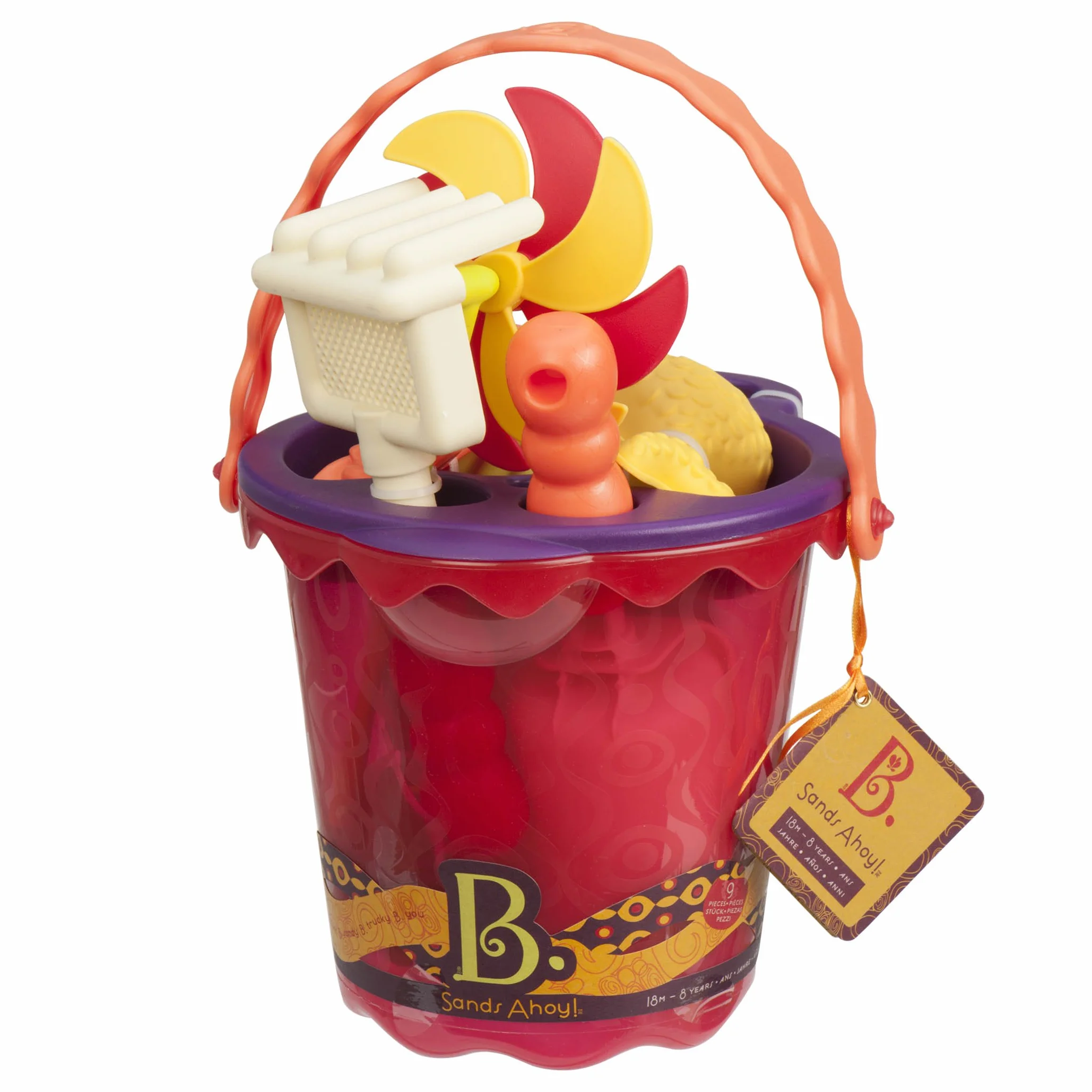 B. toys – Sands Ahoy – zestaw do zabawy plażowej – średni zestaw wiader (mango) z 9 unikalnymi zabawkami piaskowo-wodnymi – ftalanów i BPA – 18 m+