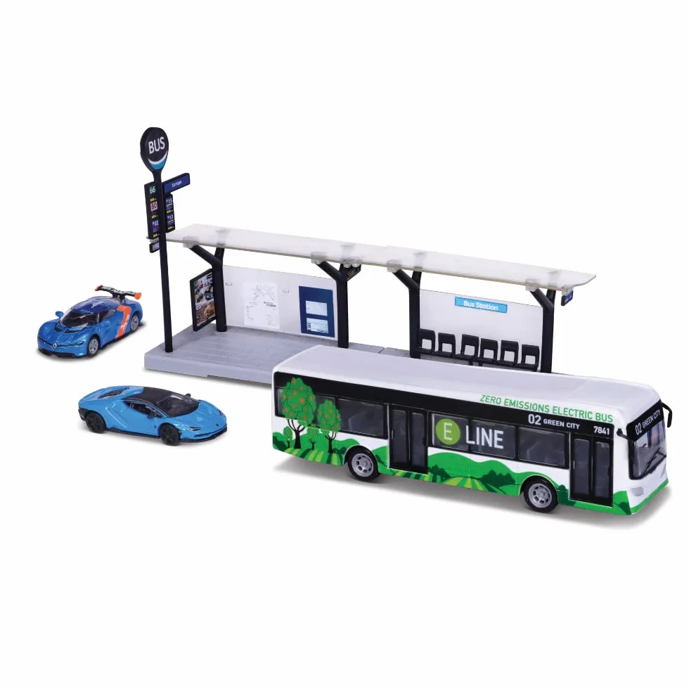 BBURAGO 1/64 PUBLICZNY TRANSPORT - Playset City Bus + Stacja + 2 pojazdy -, Niebieski lub Zielony