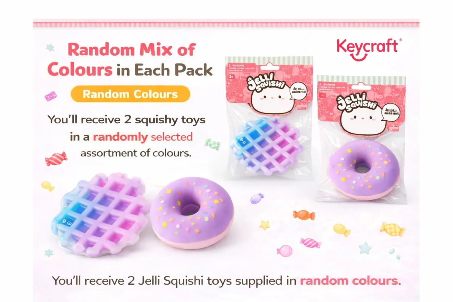 Jelli Squishi zestaw 2 słodkich squishy (gofry i pączki) – sensoryczna zabawka antystresowa dla dzieci – miękki żel do zgniatania Squishy, styl Kawaii Mochi – różne kolory