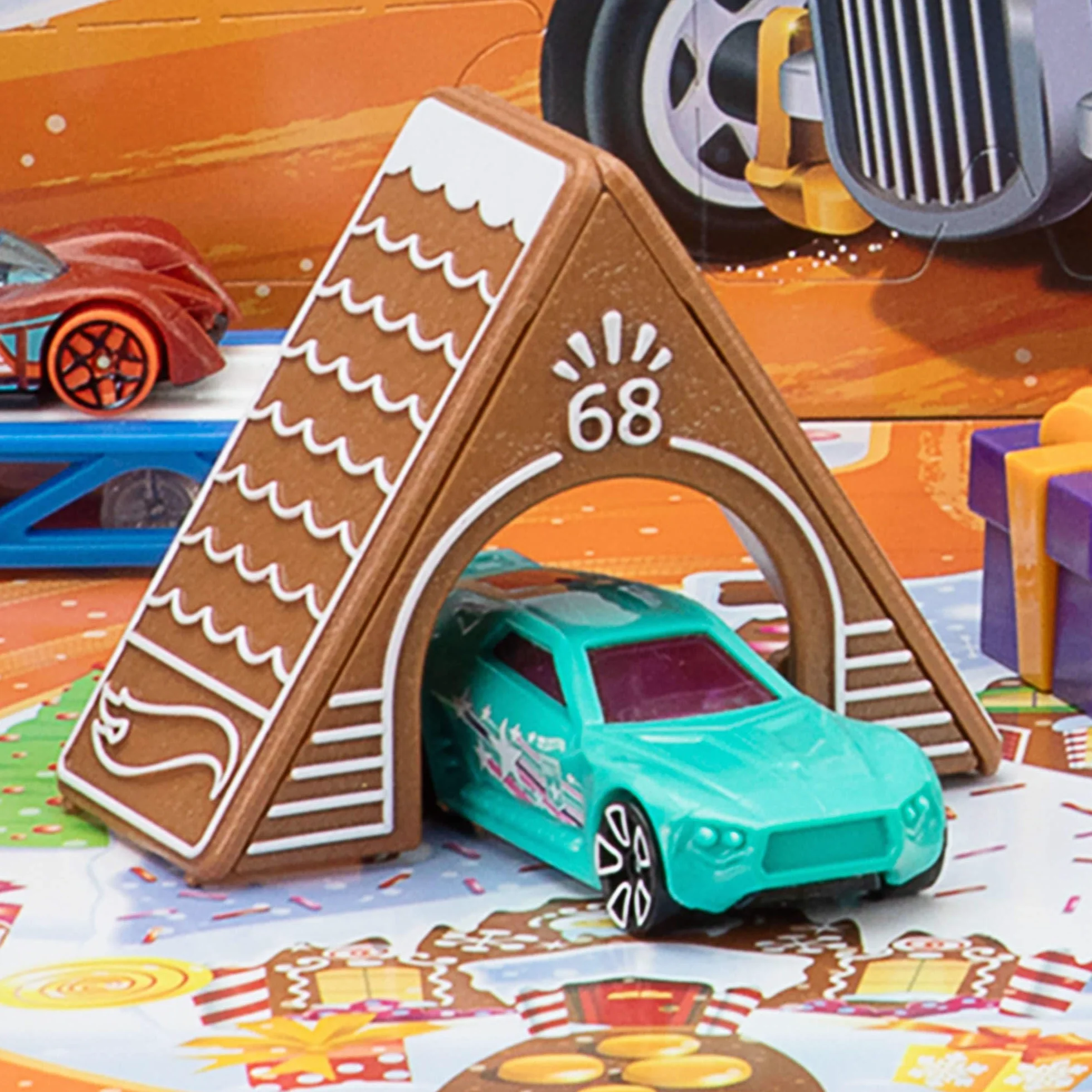 Mattel Hot Wheels Kalendarz adwentowy Zestaw do zabawy, 10 samochodów zabawek w skali 1:64, 10 ozdobnych klipsów i 14 zimowych akcesoriów, JCB47