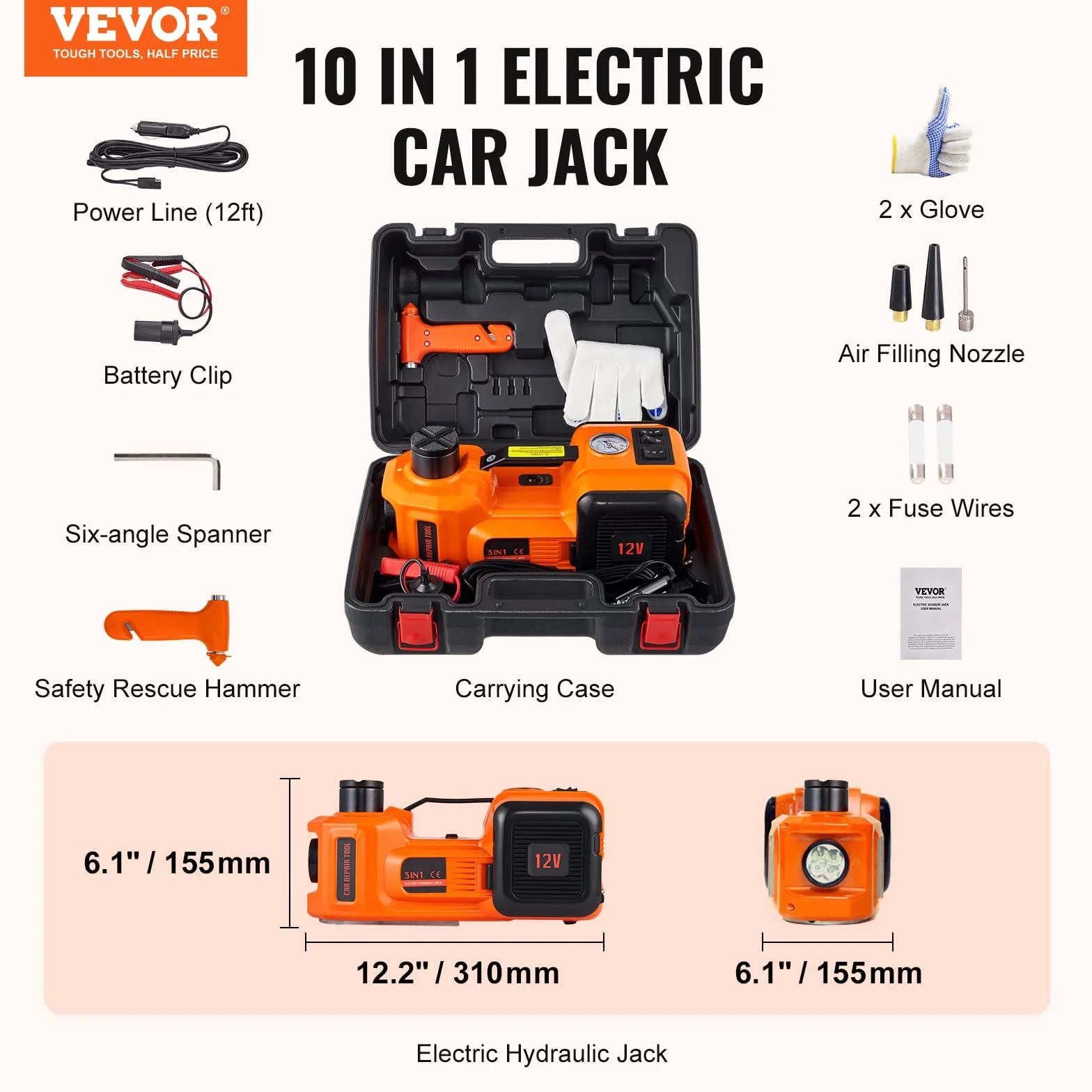 VEVOR Elektryczny podnośnik samochodowy, hydrauliczny podnośnik o udźwigu 5 ton/11023 lbs z wbudowaną pompką i oświetleniem LED, przenośny podnośnik samochodowy do SUV MPV Sedan Truck Wymiana opon Naprawa w garażu