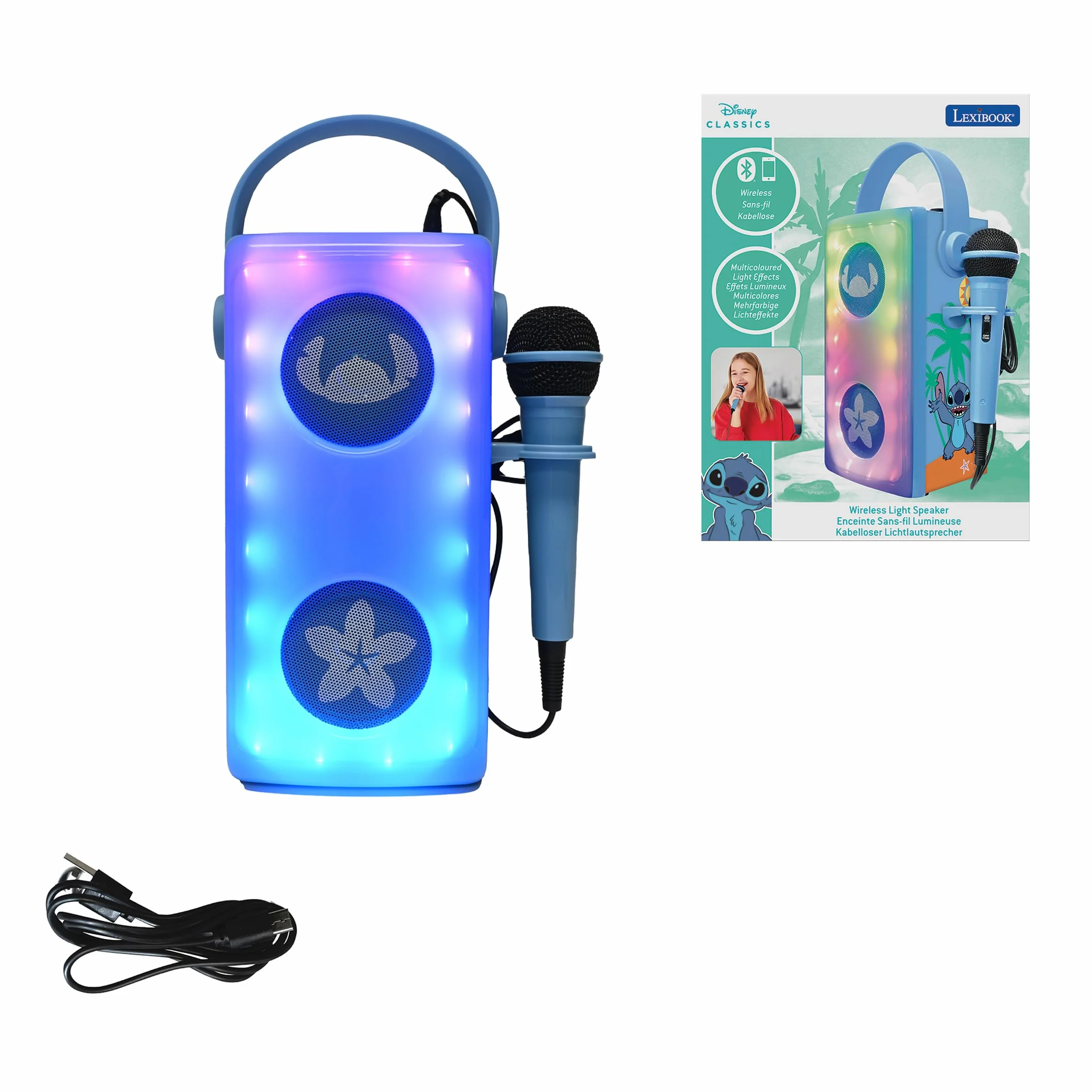 Lexibook, Disney Stitch, Bezprzewodowy Głośnik Bluetooth z Mikrofonem, Wielokolorowe Efekty Świetlne, Gniazdo na Kartę SD, Tf, Akumulator, Niebieski, BTP185DZ