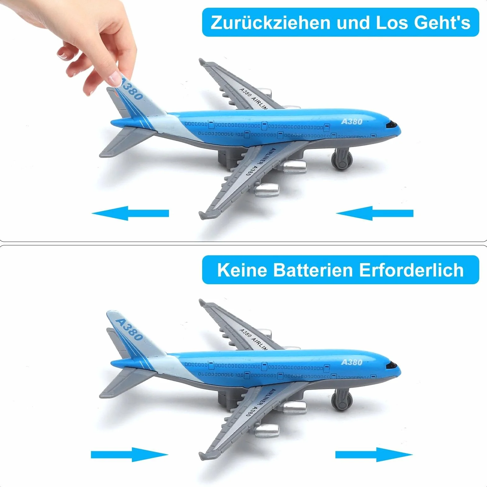VOSSOT Airbus A380 samolot zabawka – Mini metalowy model samolotu z funkcją cofania, modele samolotów, idealne jako zabawka lotnicza i prezent (14 cm długości)