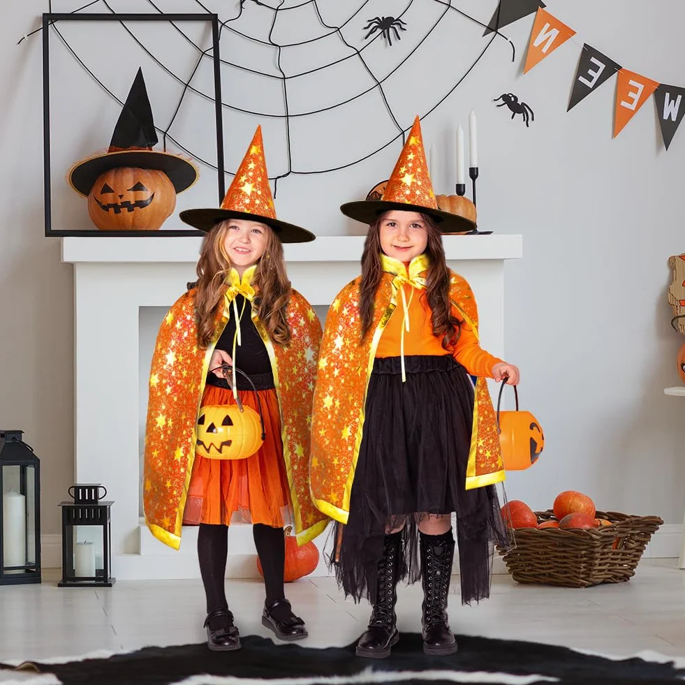 Peleryna czarodzieja, płaszcz czarownicy, dla dzieci, kostium czarownicy, płaszcz i kapelusze dla dzieci, kostium na Halloween, rekwizyty, kostium ze złotymi gwiazdami, dla dzieci, dziewcząt, na