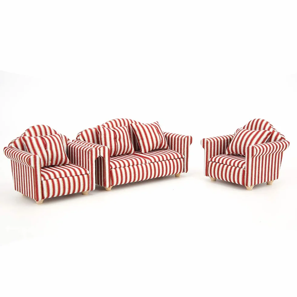 3 sztuk 1:12 zestaw sof dla lalek Mini dekoracja domku dla lalek pomarańczowe różowe złoto w paski drewniane tkaniny Mini miniaturowy salon zabawka dla dzieci dekoracja na meble do domku dla lalek z 4 poduszkami