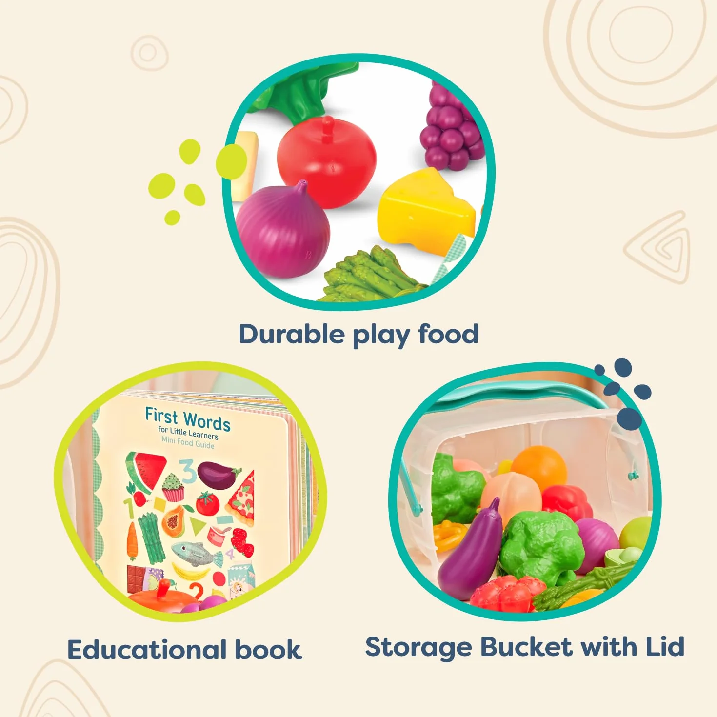 B. toys Zestaw planszy, 32-częściowy zestaw do zabawy - Educational Book for Toddlers - Storage Bucket with Lid - 2 Years + - Foodie Fun, wielokolorowy (Branford BX2125Z)