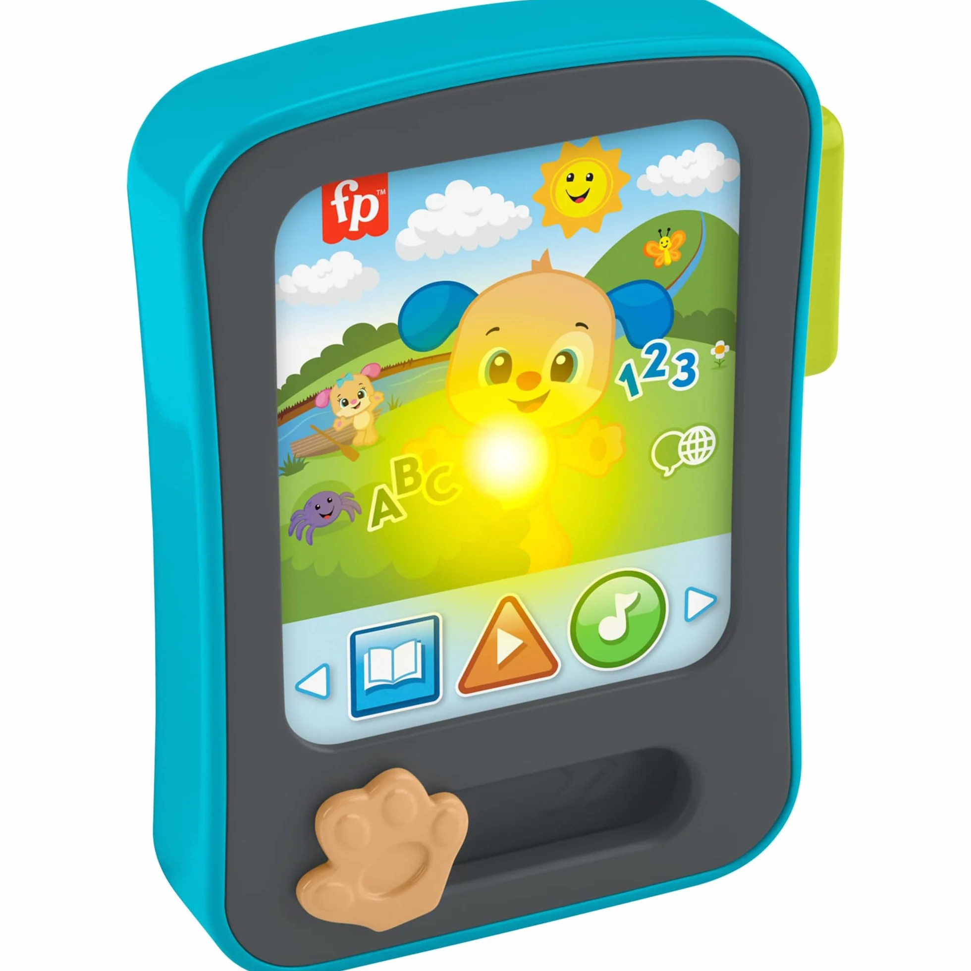 Fisher-Price Zabawka edukacyjna dla niemowląt, śmiech i ucz się, czytnik historii szczeniaka, tablet z muzyką i światłami, dla dzieci w wieku od 6 miesięcy, wersja wielojęzyczna: angielski, francuski
