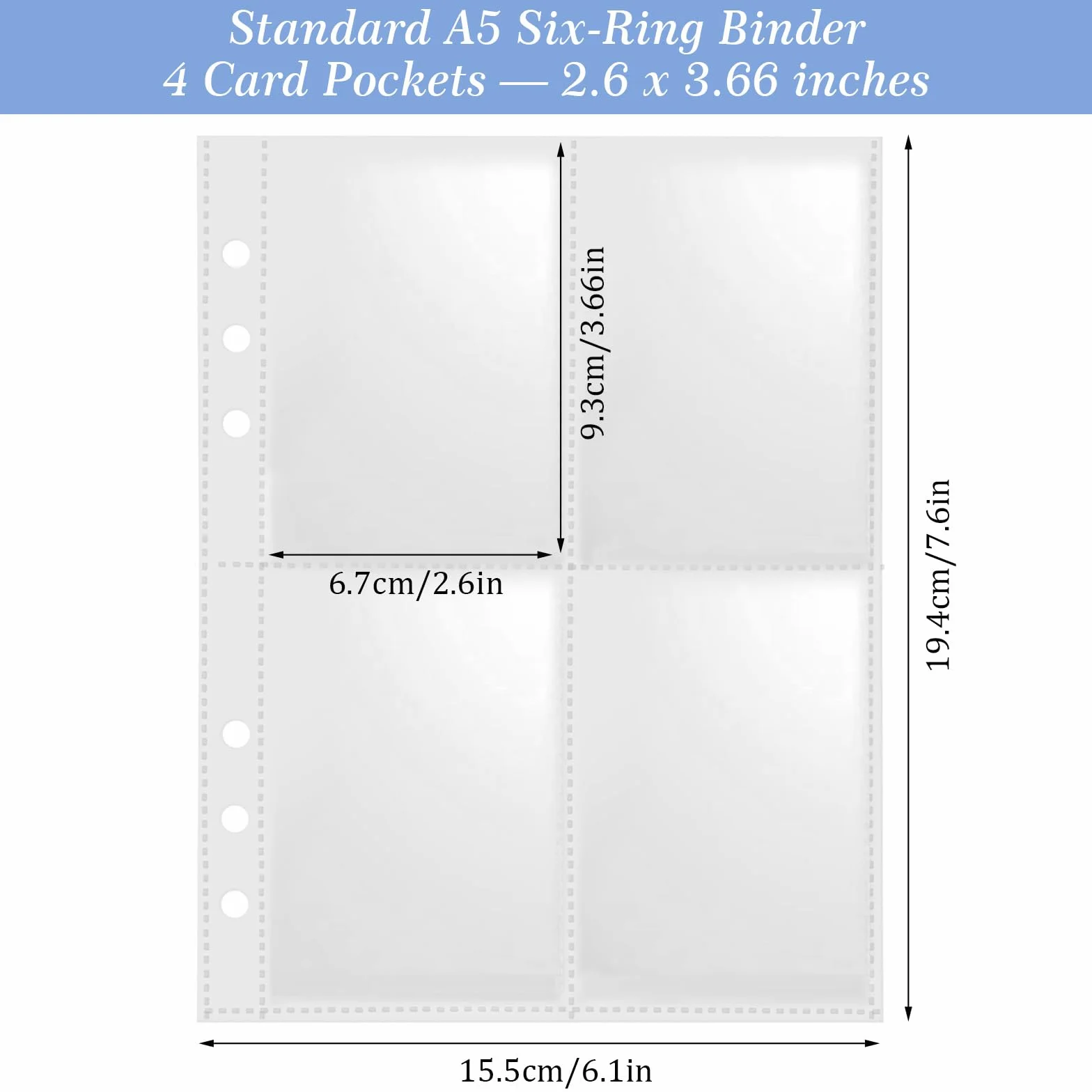 40 sztuk, 4-kieszonkowe dwustronne koszulki na strony – 6-pierścieniowe wkłady do segregatora A5, koszulki do segregatora na karty kolekcjonerskie 6,35 x 8,89 cm, ultraprzezroczyste arkusze na