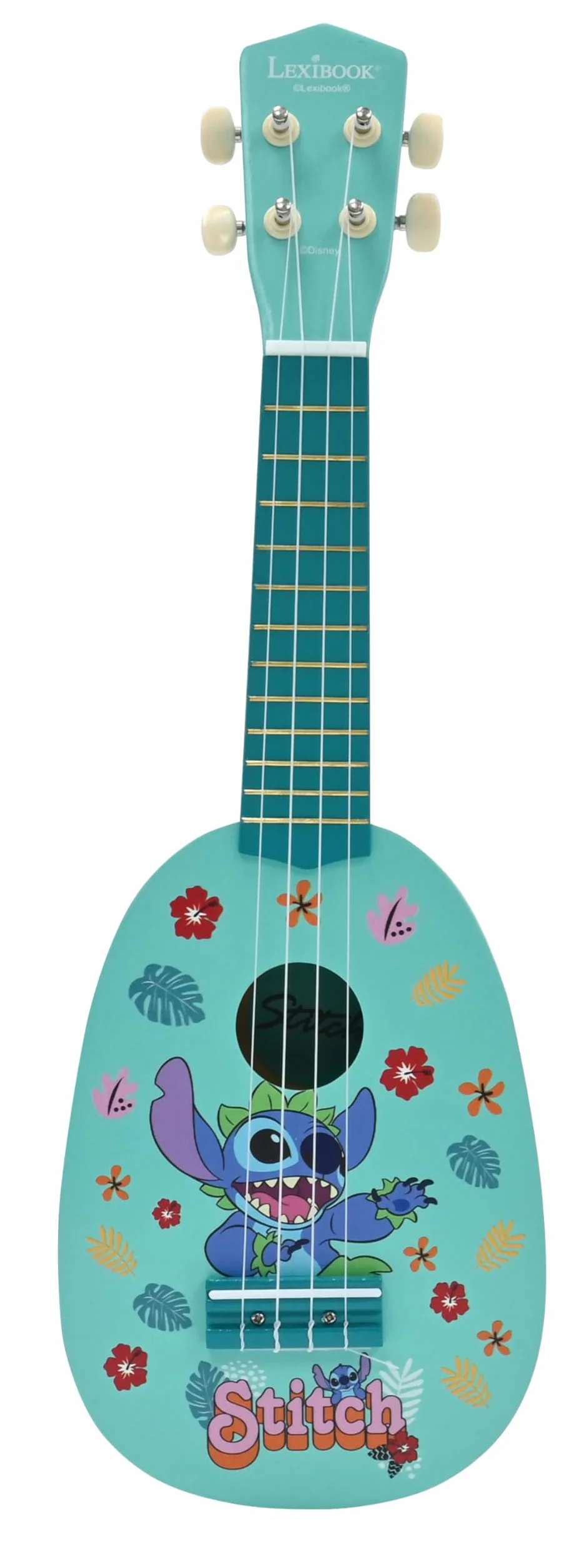 Lexibook, Disney Stitch, Moje Pierwsze Drewniane Ukulele, 4 Struny Nylonowe, 53 cm, Przewodnik w Zestawie, Niebieski, K230D
