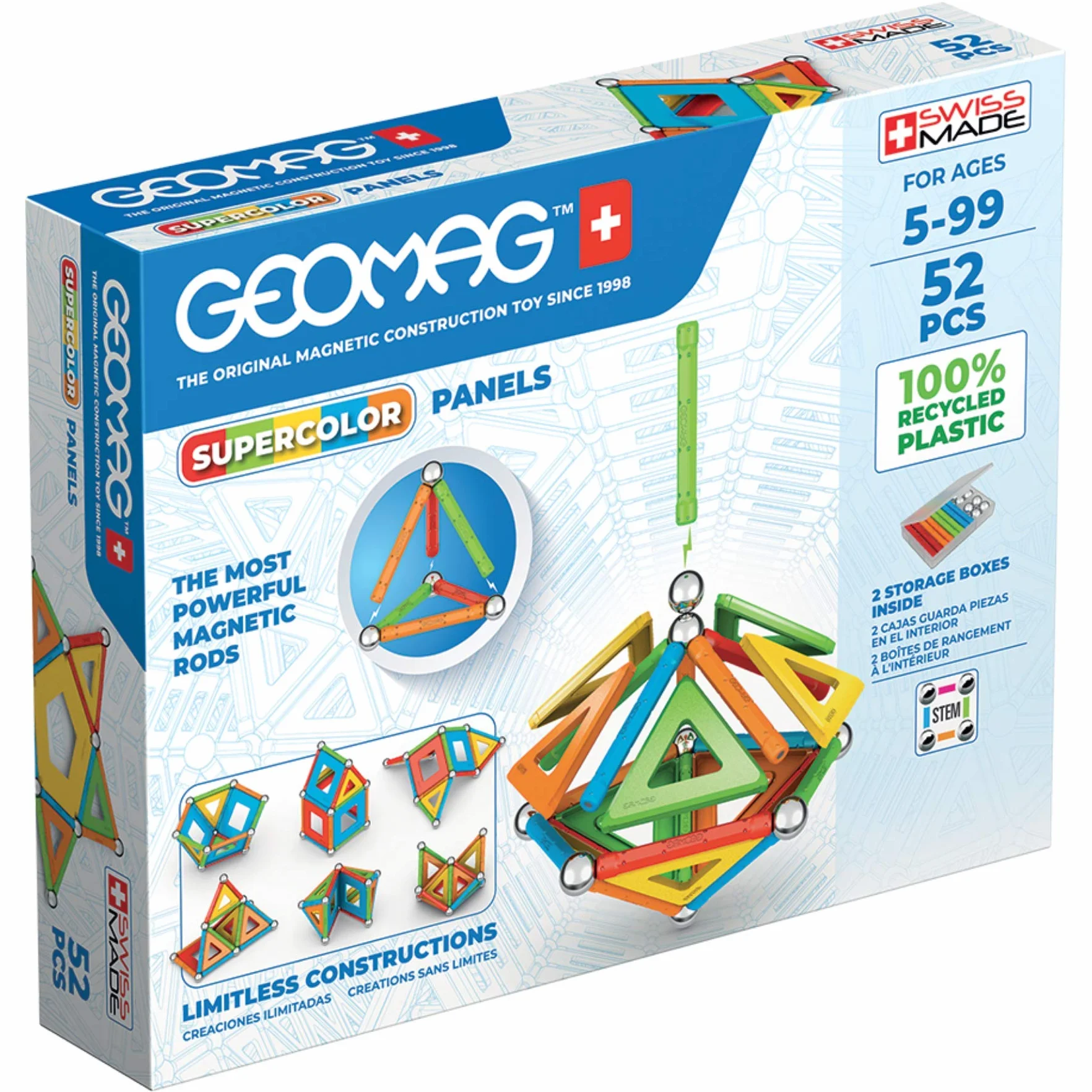 Geomag - Supercolor - Superkolorowe Magnetyczne Klocki dla Dzieci, Zabawka Magnetyczna, Gra Edukacyjna, Green Collection, 100% Plastiku z Recyklingu, 52 sztuk