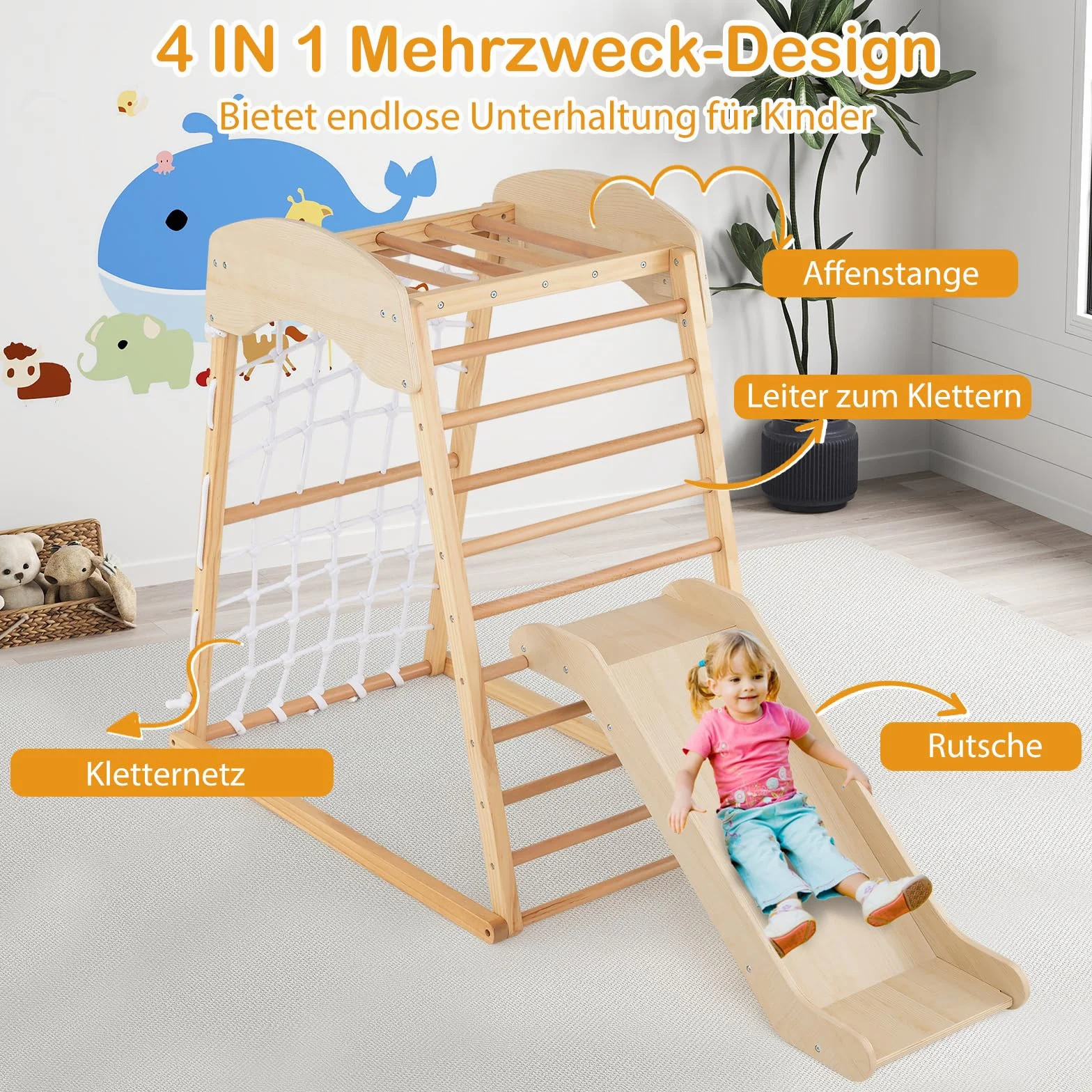 COSTWAY struktura wspinaczkowa do użytku wewnątrz, 4 w 1 drążek do wspinaczki & zjeżdżalnia & siatka do wspinaczki & drabinka, plac zabaw do użytku wewnątrz dla dzieci od 1 roku (naturalny)