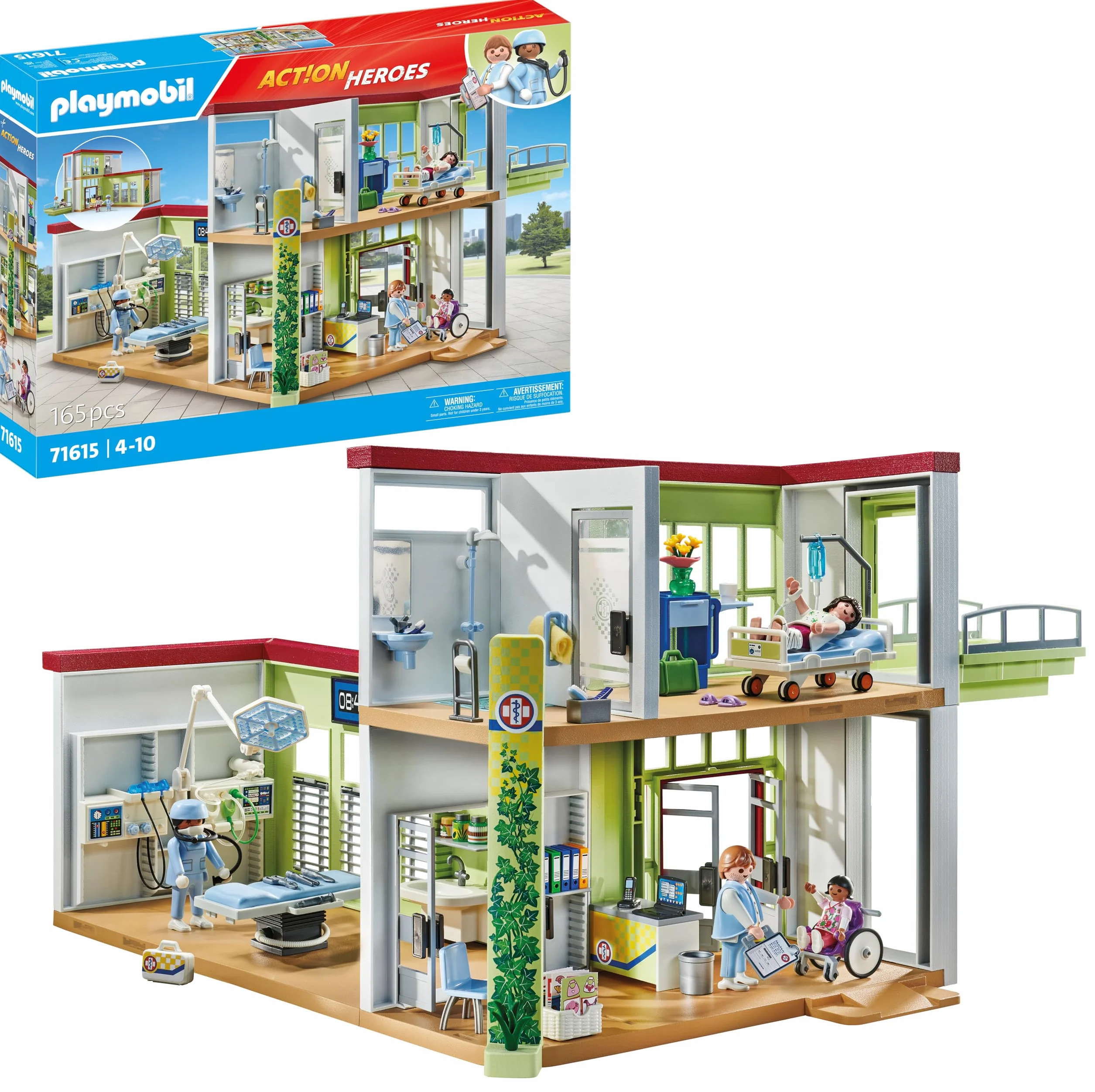 PLAYMOBIL Action Heroes 71615 Nowoczesny szpital, wyprodukowane średnio w w ponad 80% z materiałów pochodzących z recyklingu i materiałów ekologicznych, zestaw dla dzieci od 4 roku życia