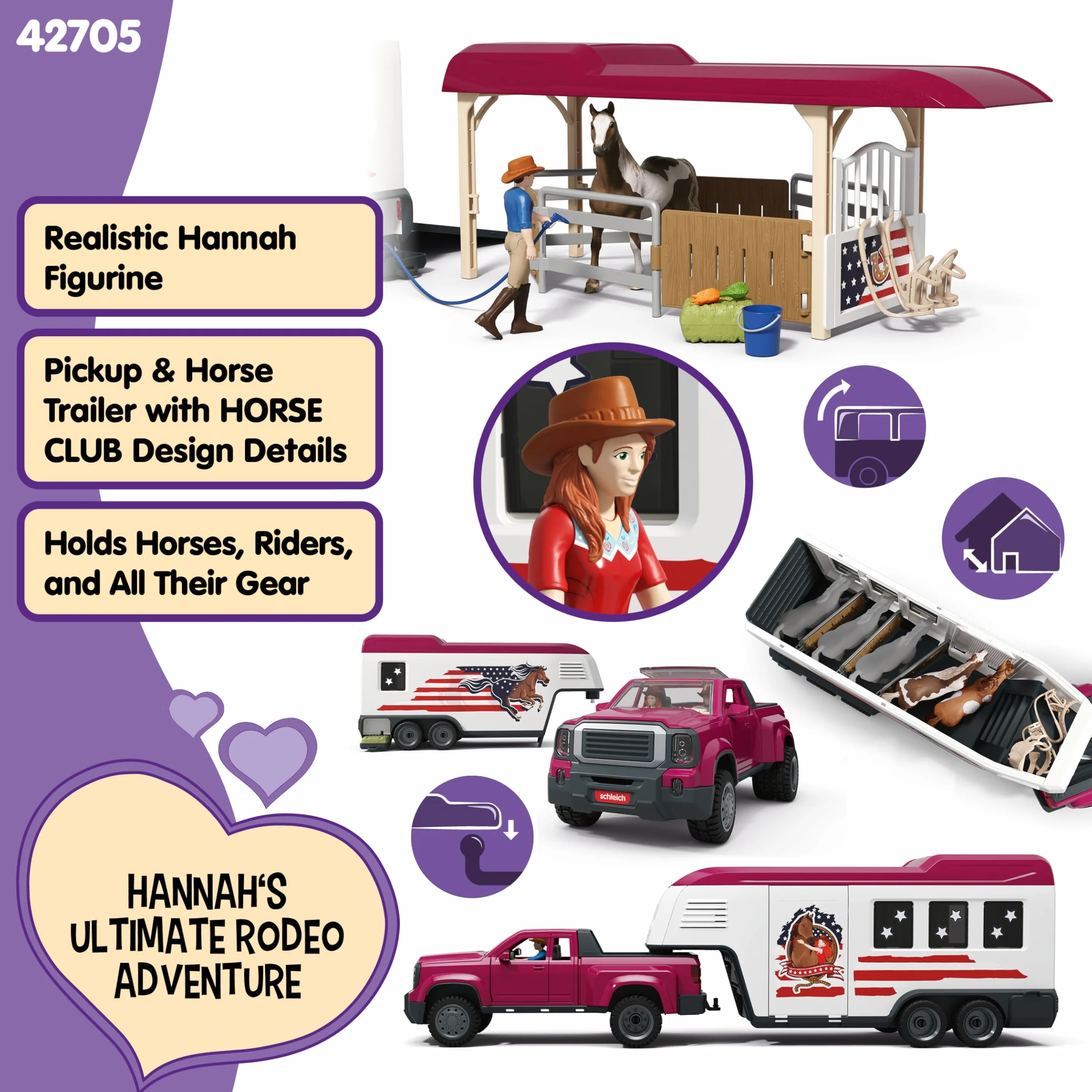 schleich HORSE CLUB | Ciężarówka Lakeside z przyczepą 42705 | Zestaw z ciężarówką, przyczepą dla koni, boksami, Hannah, 2 końmi, psem i akcesoriami | Zabawka dla dzieci od 5 lat | 119-częściowy zestaw