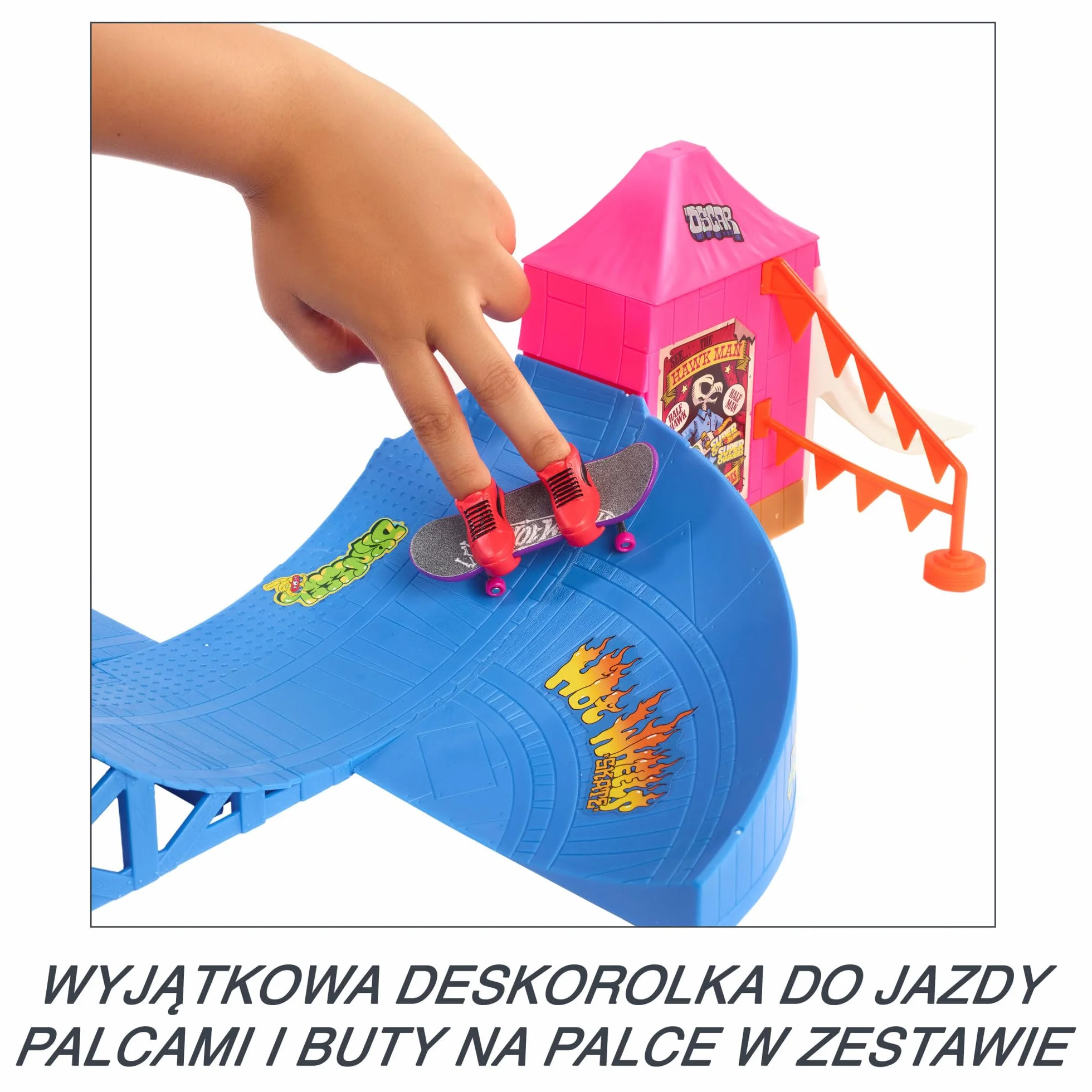 Hot Wheels Skate Skatepark Wesołe miasteczko Zestaw z 1 wyjątkową deskorolką od Tony’ego Hawka do jazdy palcami i 1 parą butów deskorolkowych, zabawka dla dzieci, HGT95