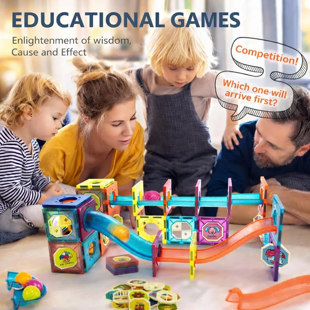 WonderToys Kulkowy tor wyścigowy, 100 sztuk, zestaw klocków magnetycznych, zabawka edukacyjna dla dzieci, dziewczynek i chłopców w wieku 3–7 lat, gry edukacyjne