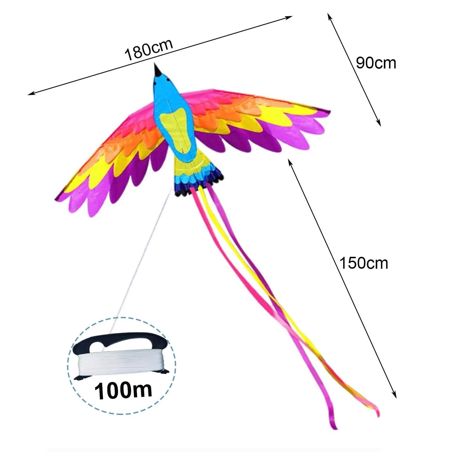 VIKY Phoenix latawiec dla dzieci i dorosłych, latawiec z uchwytem i liniami, 90 x 180 cm, duży smok plażowy, z ogonem o długości 150 cm, w zestawie sznurek latawca 100 m, łatwy do latania