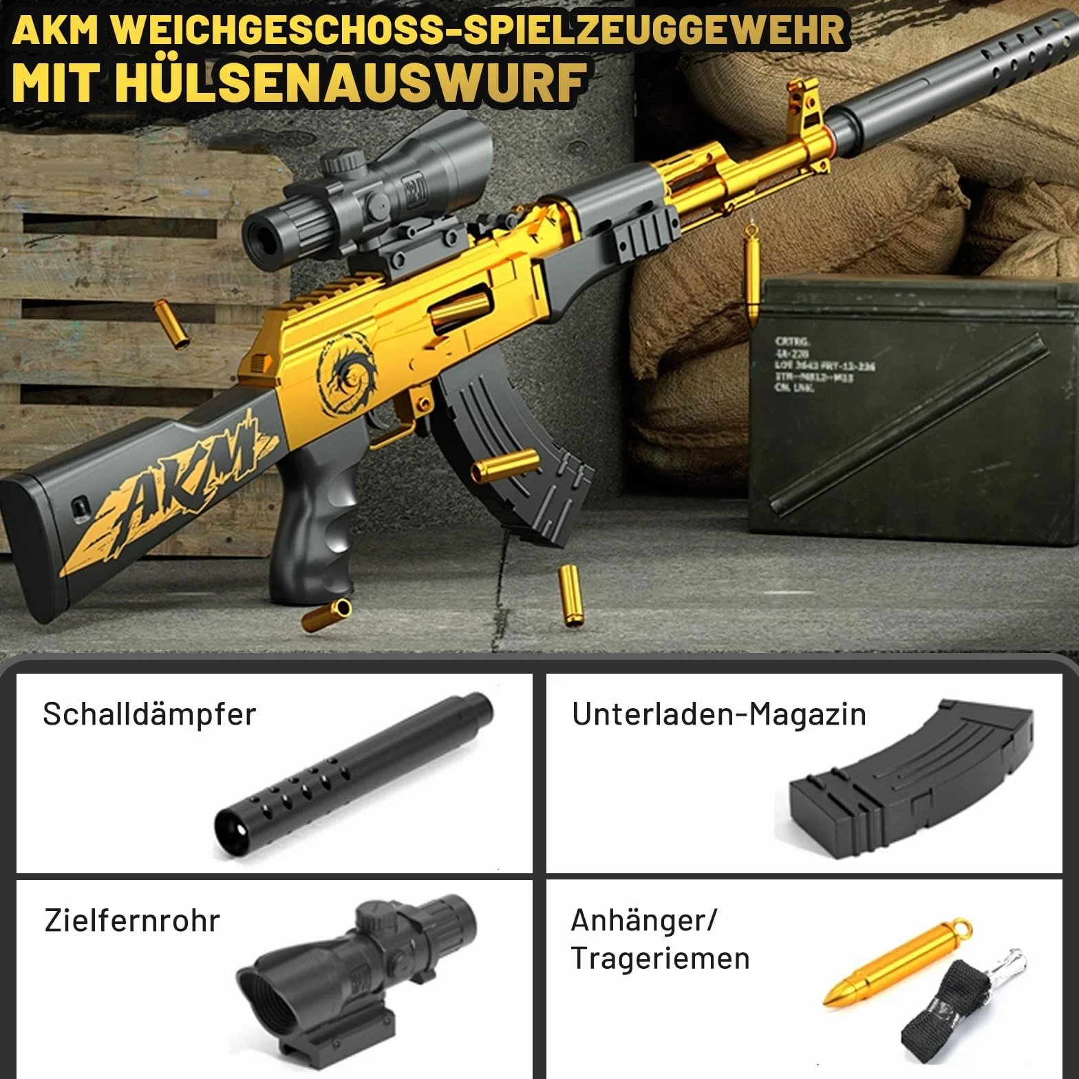 AKM Wyrzutnia łusek Soft-Head pistolet zabawkowy dla dzieci | Zdejmowany model | W zestawie 5 pocisków Soft-Head | Bezpieczny rewolwer zabawkowy o realistycznym wzornictwie (złoty)