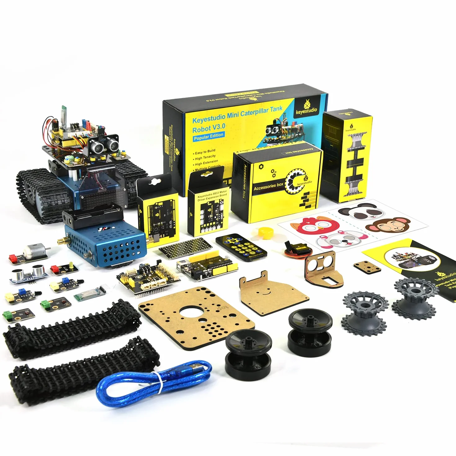 Zestaw KEYESTUDIO Smart Robot Tank Kompatybilny z Arduino IDE Elektronika Zestaw konstrukcyjny z UNO R3, czujnikiem ultradźwiękowym itp. Edukacyjny robot STEM 2 w 1 DIY do programowania i nauki