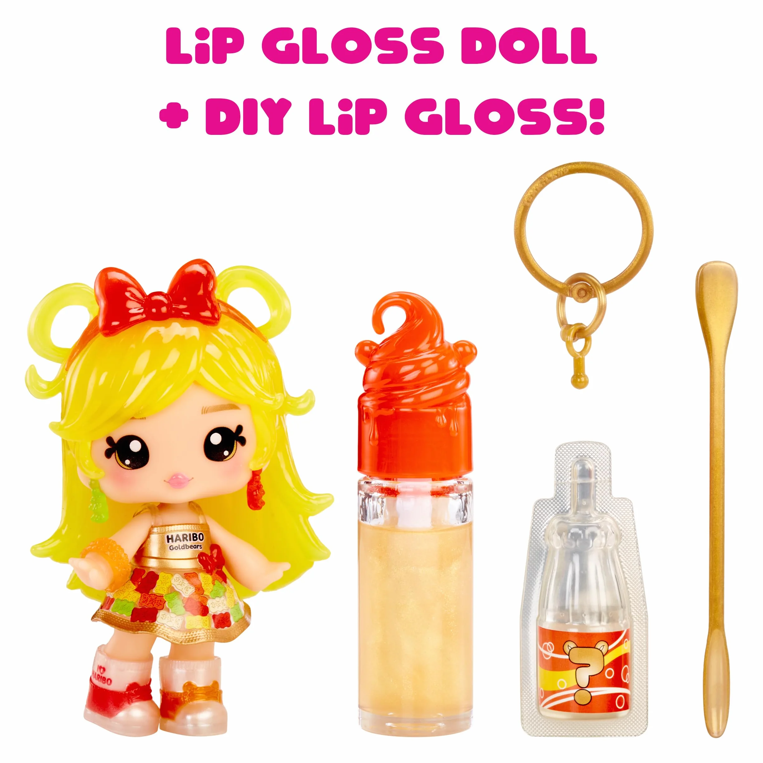 Yummiland x Licensed Sweets Lip Gloss Doll: Haribo Goldbears - Sweetie Goldbears – w Zestawie Lalka, Błyszczyk DIY i Breloczek! Zabawa z Makijażem i Kolekcjonerska Gratka dla Dzieci od 4. Roku Życia