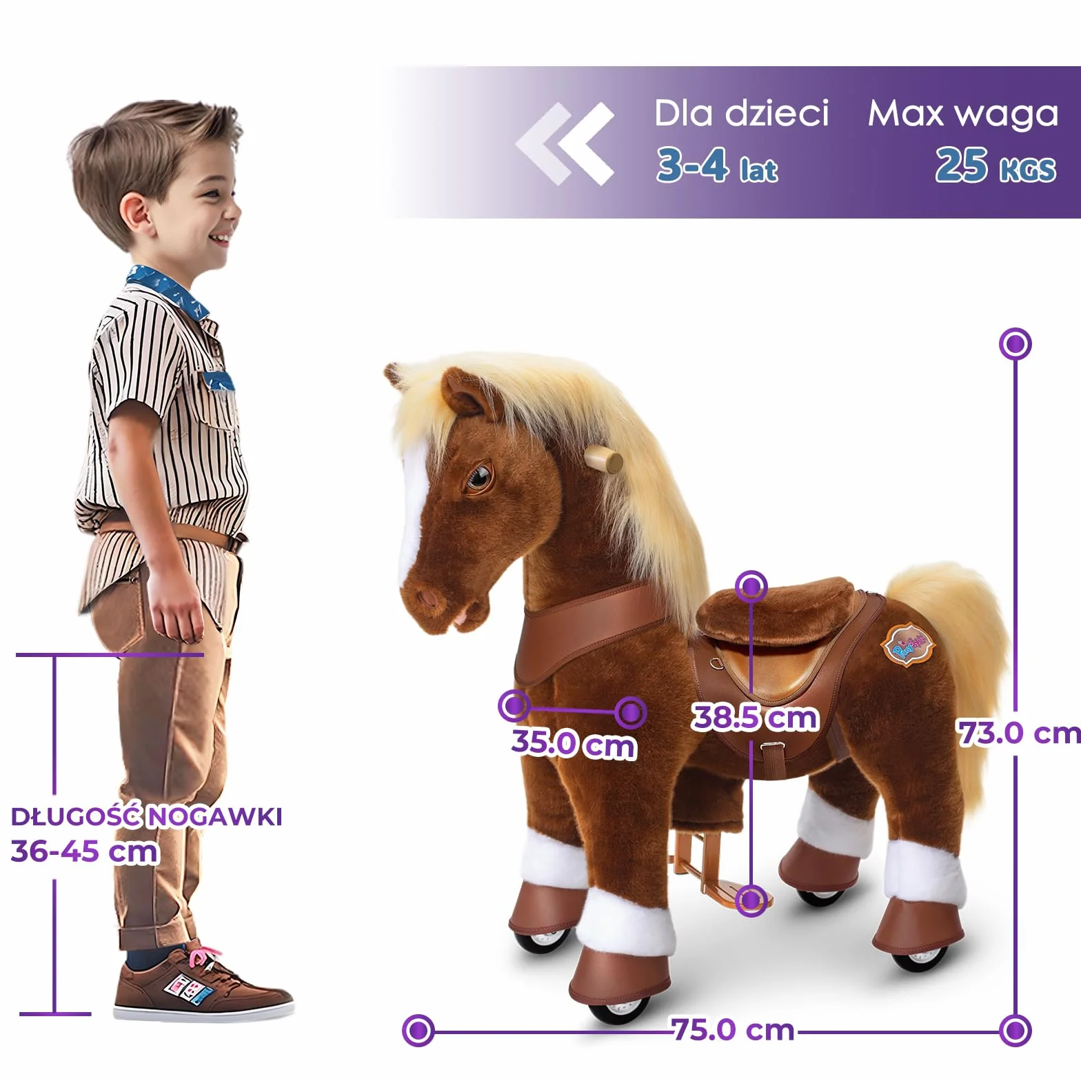 PonyCycle Kucyk do Jazdy z Dźwiękami Konia dla Dzieci w Wieku 3–4 Lat, Pluszowy Mechaniczny Koń z Hamulcem, Zaawansowany Model Y Brązowy Koń na Kółkach, Świąteczny Prezent dla Dzieci – Y374
