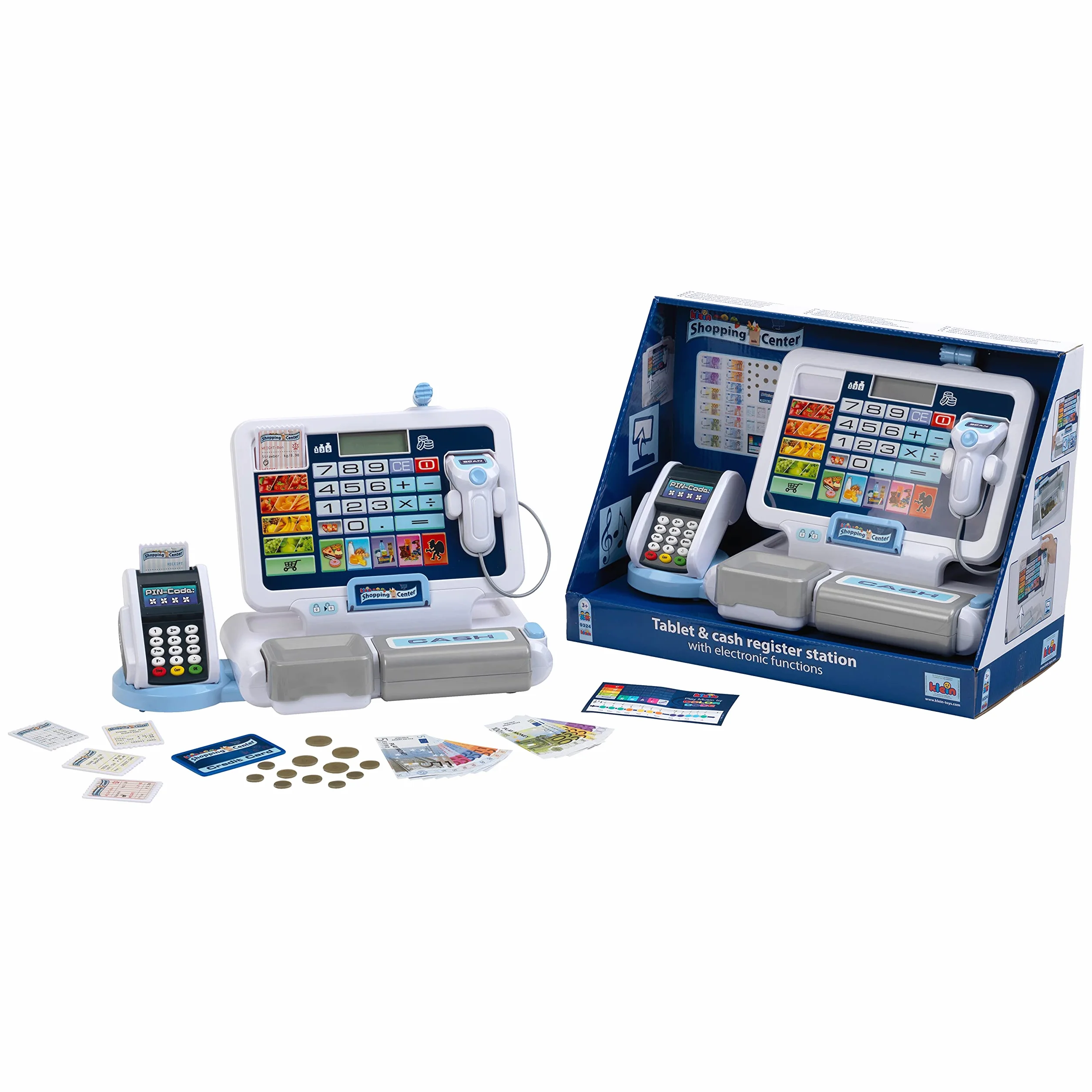 Theo Klein 9387 Kasa z tabletem | Zabawkowa kasa z dźwiękiem i wyjmowanym tabletem, terminalem POS, skanerem i zabawkowymi pieniędzmi | Wymiary: 33 cm x 14,5 cm x 22 cm