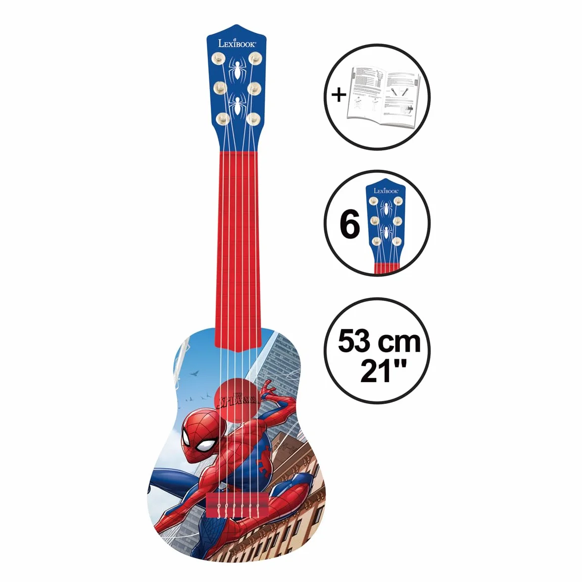 LEXIBOOK K200SP Marvel Spider-Man Peter Parker My First Guitar, 6 strun nylonowych, 53 cm, przewodnik edukacyjny w zestawie, niebieski/czerwony