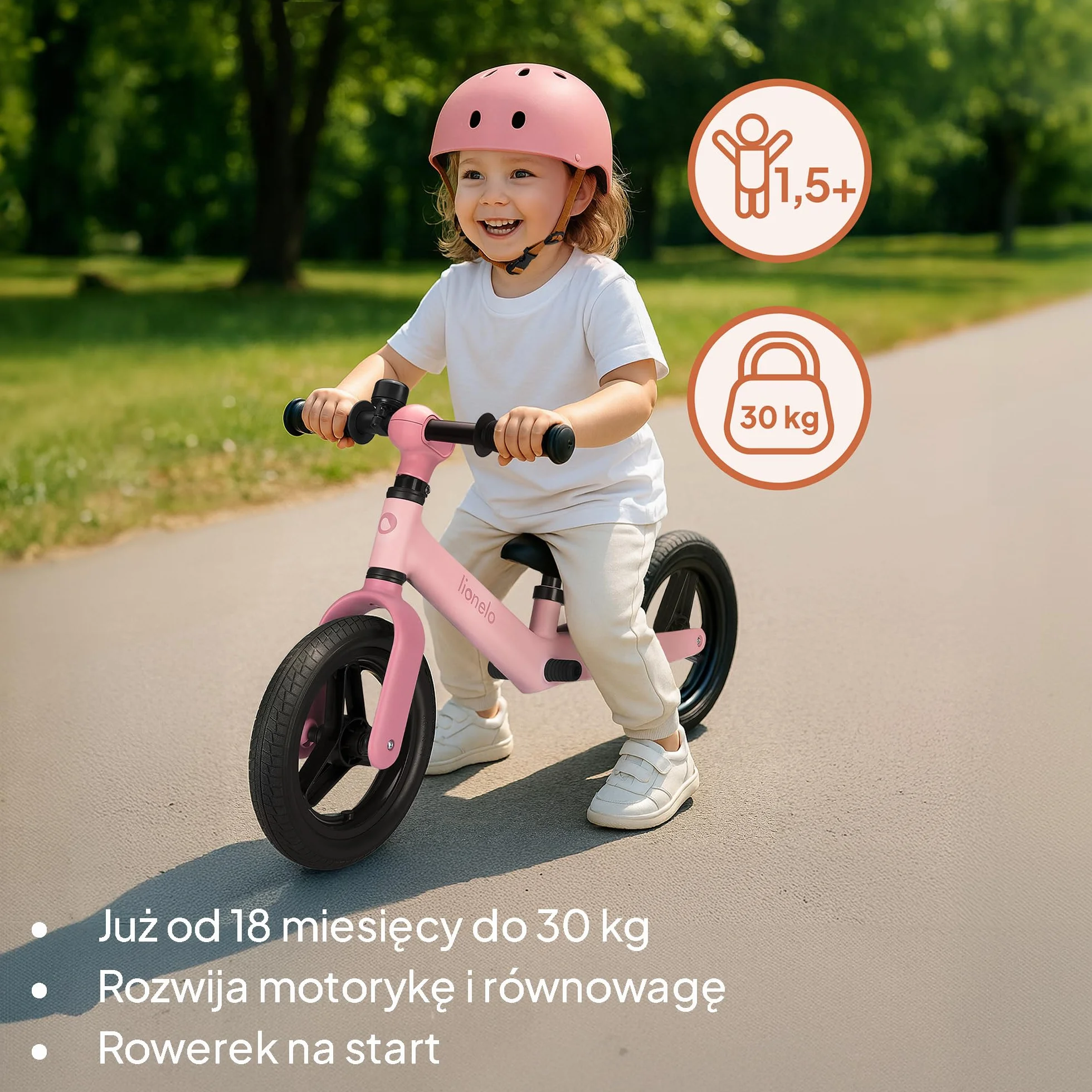 Lionelo Toni dziecięcy rowerek biegowy od 18 miesięcy do 30 kg, gumowe koła PU 25 cm, podnóżek, kosz, regulowane siedzisko i kierownica, antypoślizgowy uchwyt, lekki 2,3 kg, dzwonek