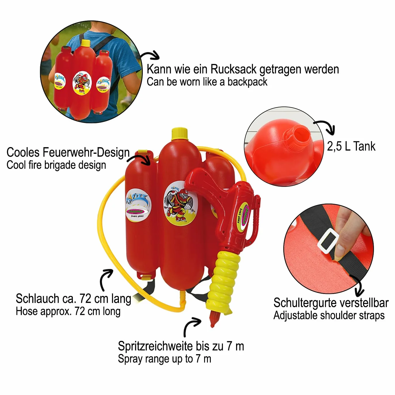 JAMARA 460342 - Mc Fizz strzykawka wodna z plecakiem zbiornikowym 2,5 l - funkcja natryskiwania, regulowane paski na ramię, zbiornik na wodę ok. 2,5 l do noszenia jak plecak, wąż ok. 72 cm długości,