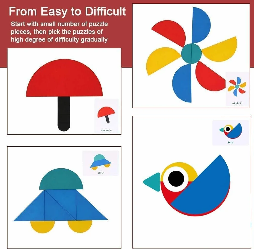 BBLIKE Tangram Wood, 36 drewnianych puzzli Montessori + 60 sztuk układania kart do układania w stosy gry i zabawki edukacyjne klasyfikacja dla dzieci