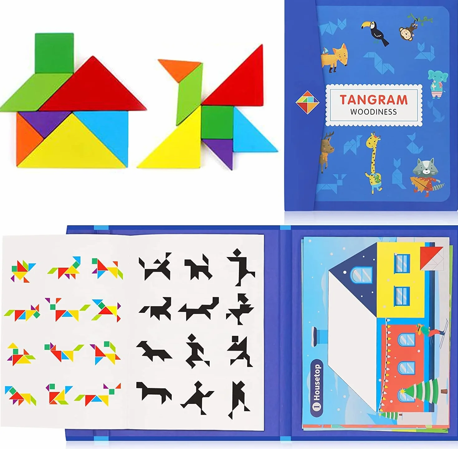 NIWWIN Magnetyczny tangram z drewna, gra logiczna, gra podróżna, ćwiczenia umysłowe, książka IQ z rozwiązaniami, zabawka edukacyjna dla dzieci, prezent urodzinowy dla dzieci w wieku (niebieski)