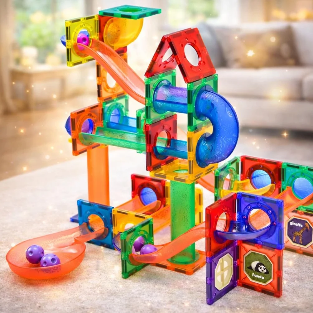 WonderToys Kulkowy tor wyścigowy, 100 sztuk, zestaw klocków magnetycznych, zabawka edukacyjna dla dzieci, dziewczynek i chłopców w wieku 3–7 lat, gry edukacyjne