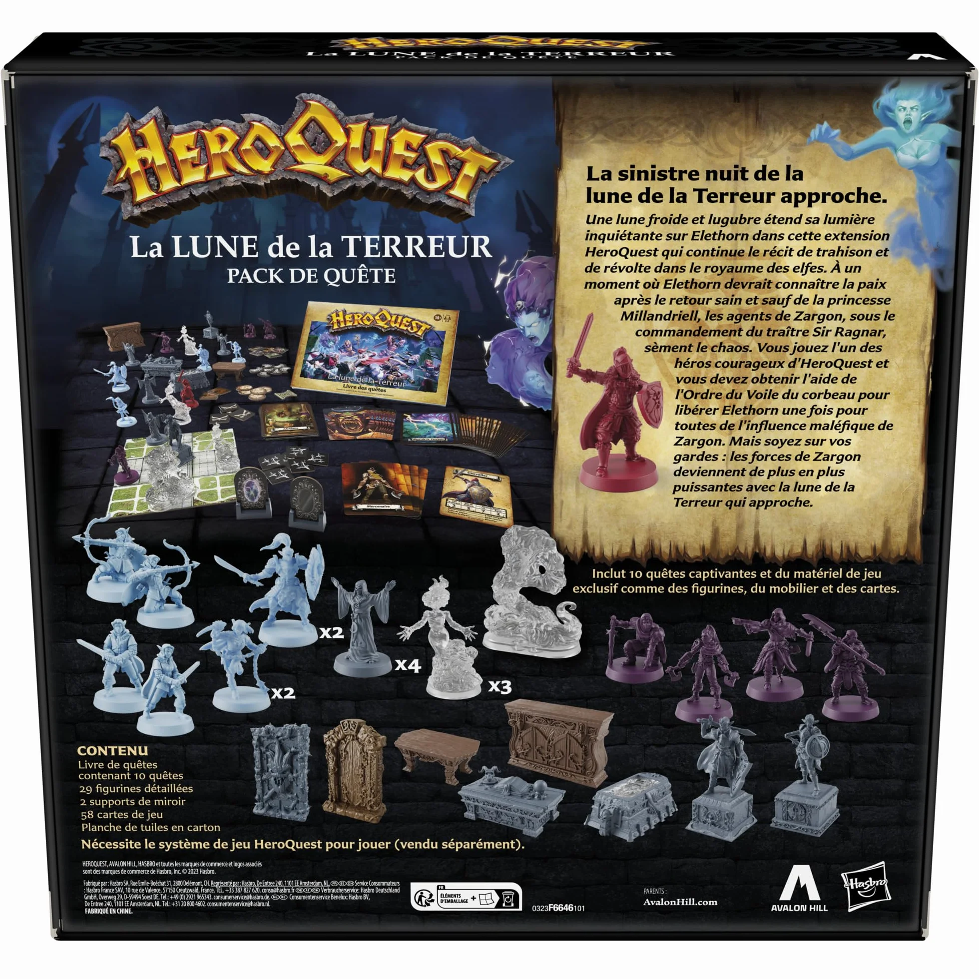 Avalon Hill HeroQuest, Pakiet misji Księżyc Terroru, wymagany system gry HeroQuest, odgrywanie ról dla 2-5 graczy, od 14 lat, zielony, niebieski i biały