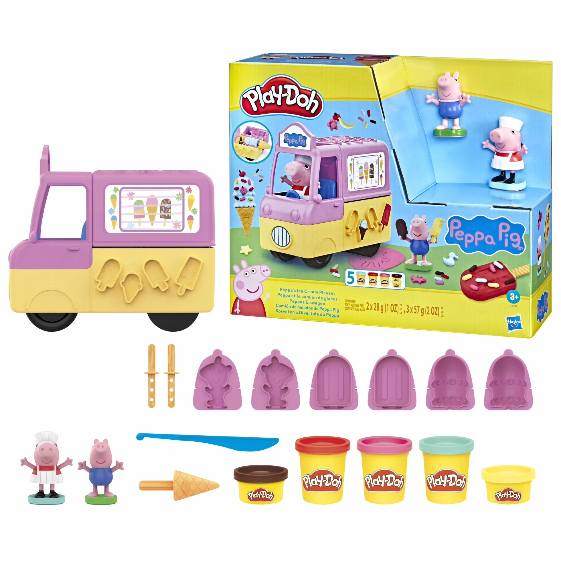 Play-Doh Zestaw do zabawy z lodami, Świnką Peppą i ciastoliną Play-Doh, furgonetka z lodami, figurki Peppy i George'a oraz 5 pojemników z ciastoliną