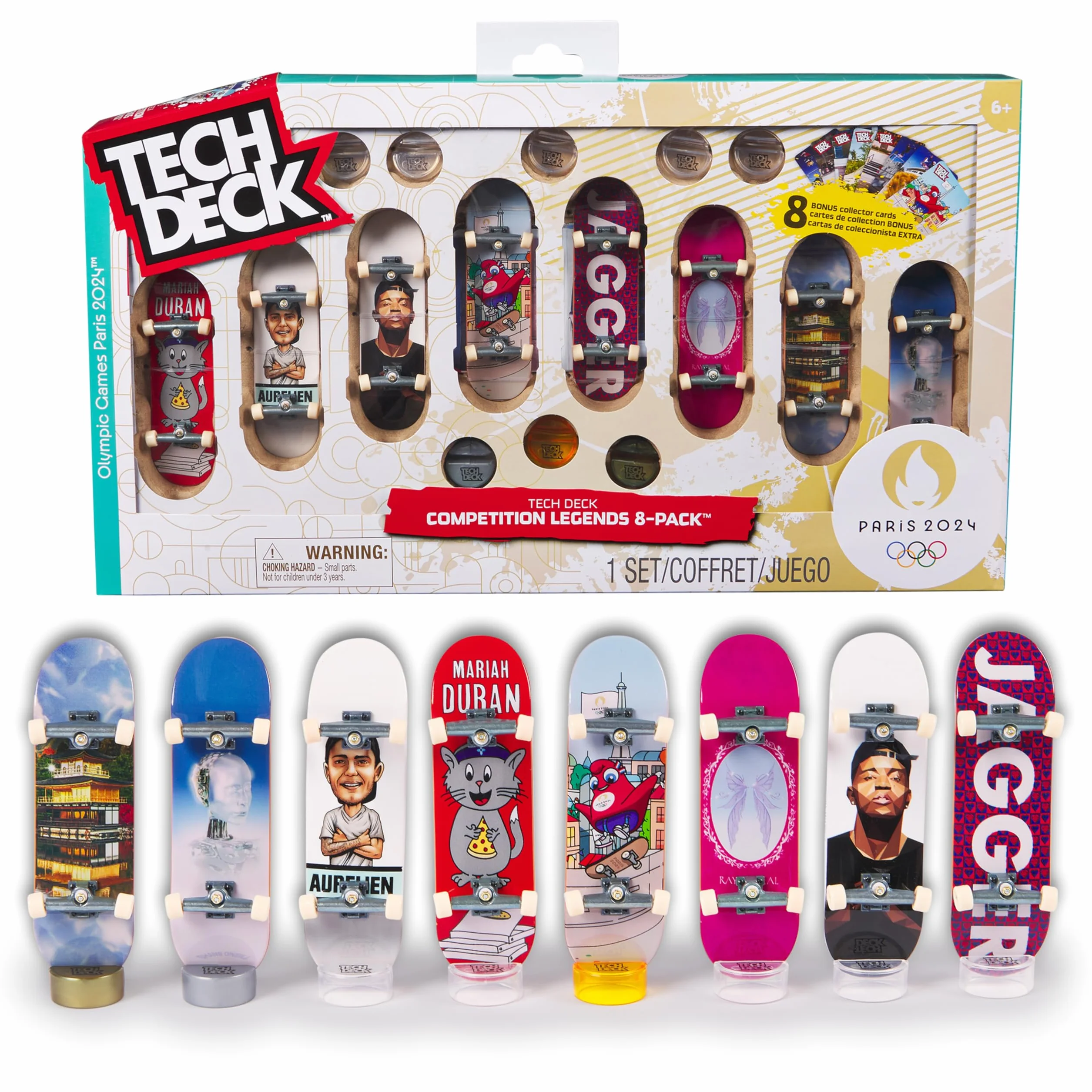 Tech Deck Competition Legends zestaw 8 sztuk, 8 autentycznych naparstków olimpijskich sportowców w Paryżu 2024, 8 indywidualnych uchwytów na deskorolkę, 8 kart dla sportowców, od 6 lat