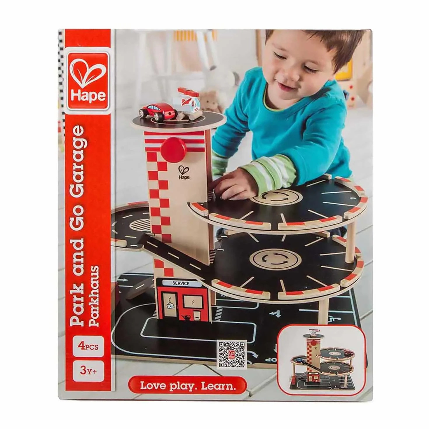 Sustainable Wood Toy Car, Toys For Kids, Hape “Park And Go” Garage Set With 4 Levels, 1 Lift, 2 Toy Cars, 1 Toy Helicopter. 3 years +