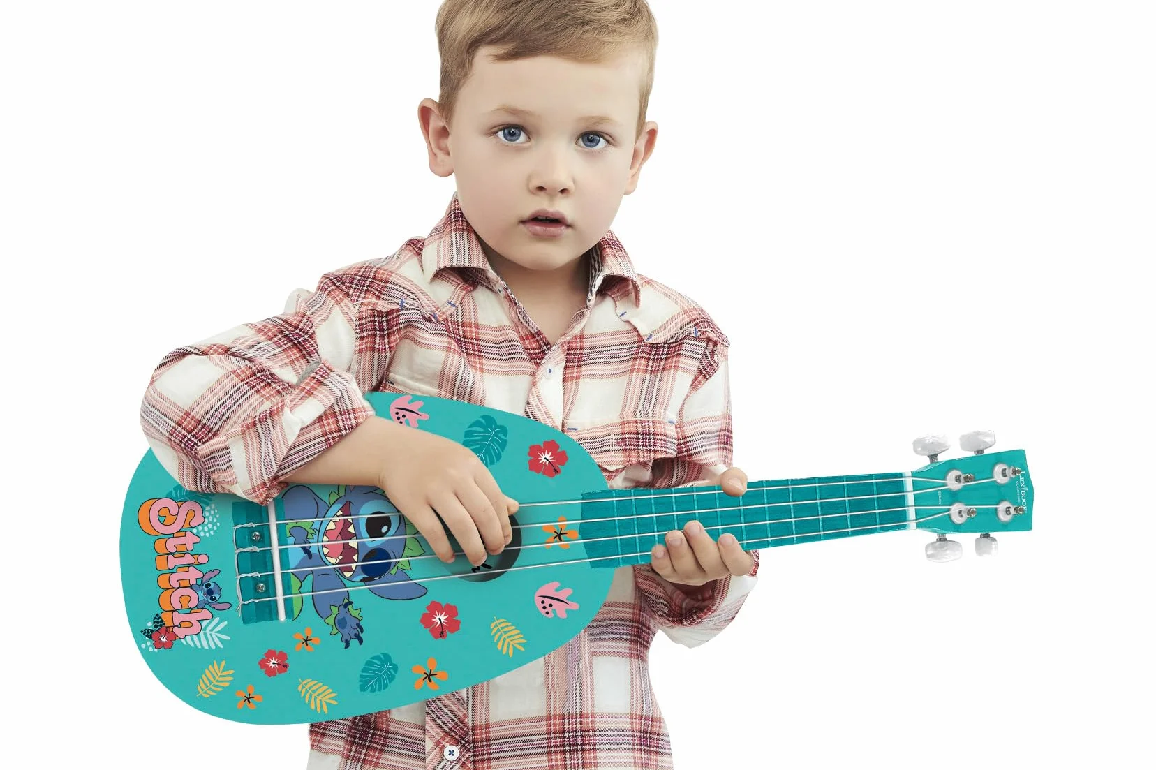 Lexibook, Disney Stitch, Moje Pierwsze Drewniane Ukulele, 4 Struny Nylonowe, 53 cm, Przewodnik w Zestawie, Niebieski, K230D