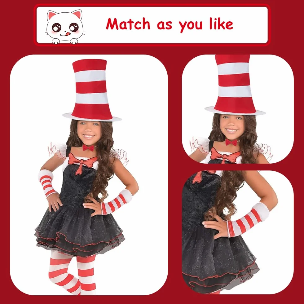 AUYAO Kostium kota dla dzieci, kostium szalonego kota, kostium The Cat In The Hat kostium Grinch kostium dla dzieci, w paski, czerwony kapelusz, czerwona muszka, białe rękawiczki, ogon kota, kostium