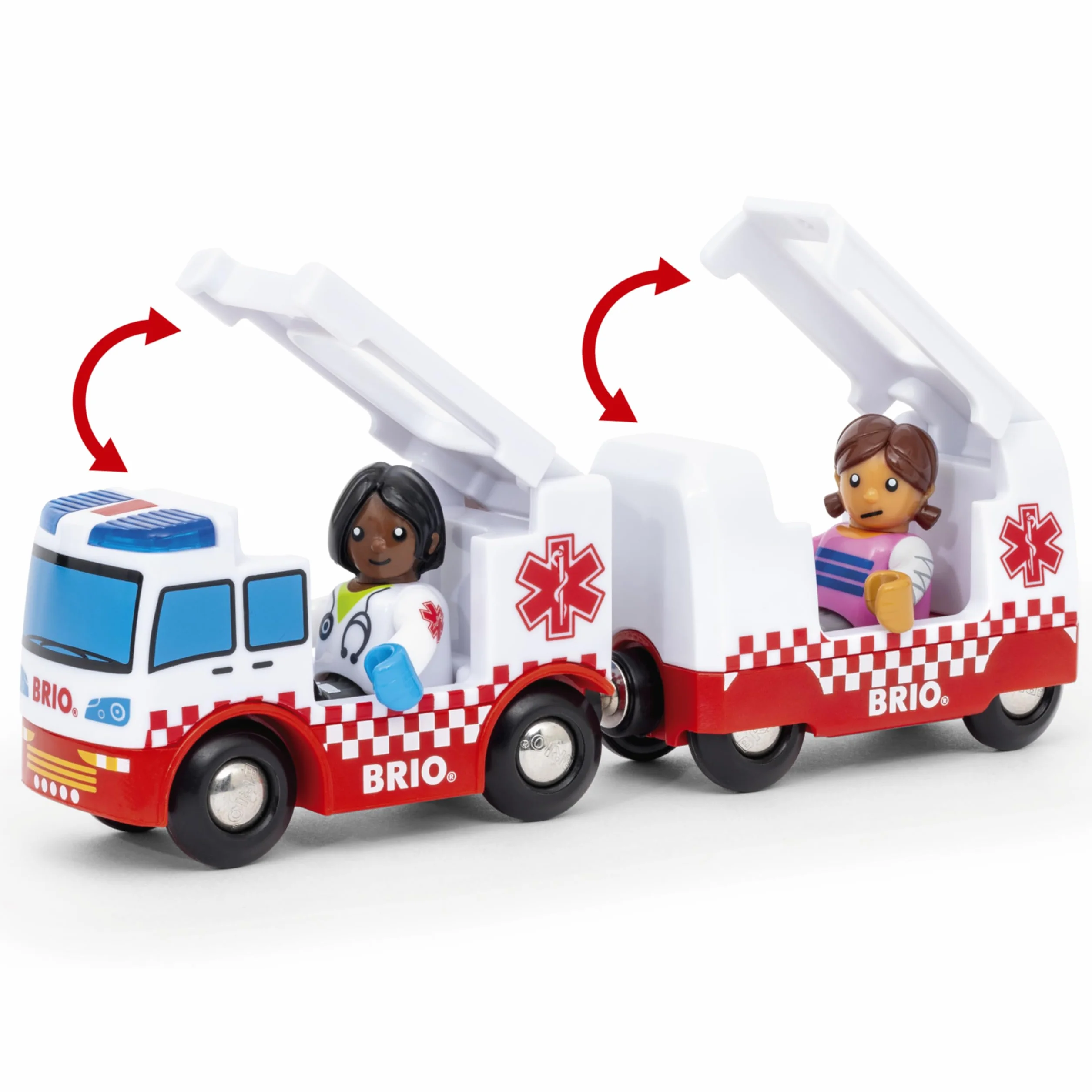 BRIO World Rescue zabawka pogotowia ratunkowego dla małych dzieci i dzieci w wieku od 3 lat, drewniany zestaw kolejowy, akcesoria i dodatki