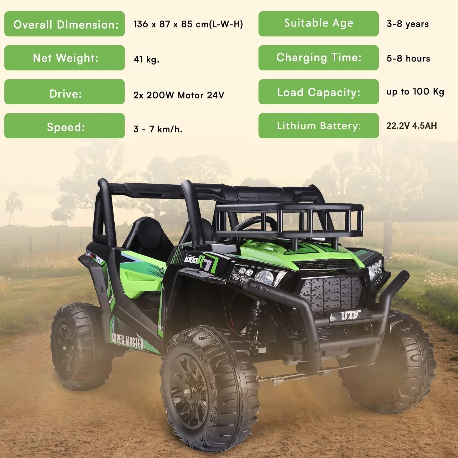 RIRICAR Samochód elektryczny dla dzieci Buggy 24 V UTV, zielony, dziecięcy samochód elektryczny 2-osobowy z pilotem zdalnego sterowania 2,4 GHz, silnik 2 x 200 W, akumulator litowy, koła EVA